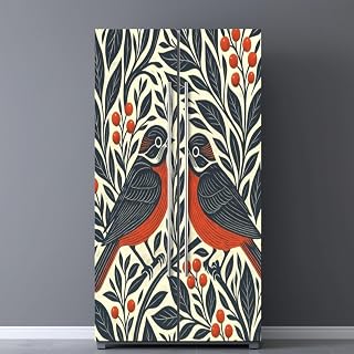 Self Adhesive Vinyl Refrigerator Wrap Set Two Birds Berries Winter Botanical Self Stick Door Mural Sticker Removable Refrigerator Wrap Decal Kitchen Bar Decor
