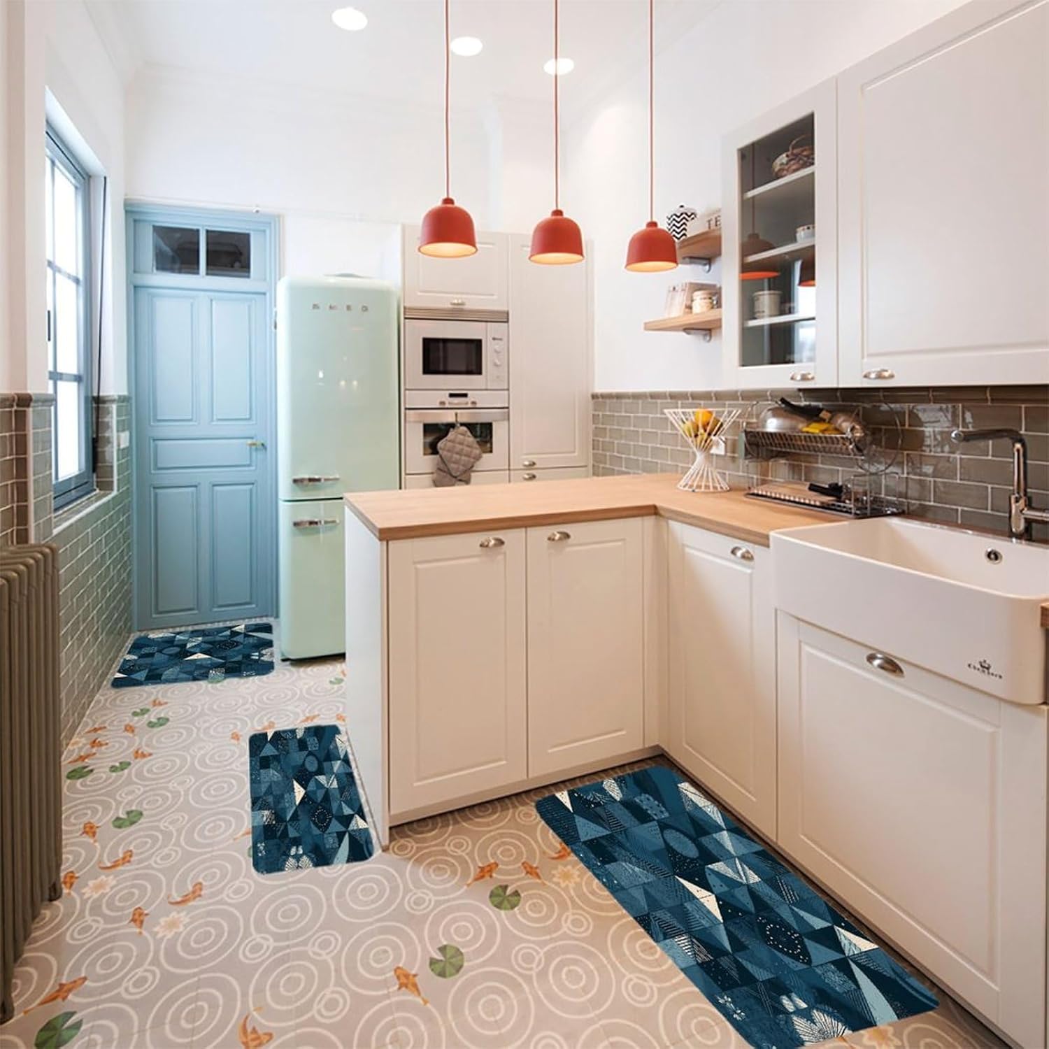Blue Geometric Pattern Kitchen Mats Soft Absorbent Rugs for Floor Non Slip Washable Kitchen Mats Fashion Rectangular Rugs for Three-Piece Set for Laundry Office Home Sink