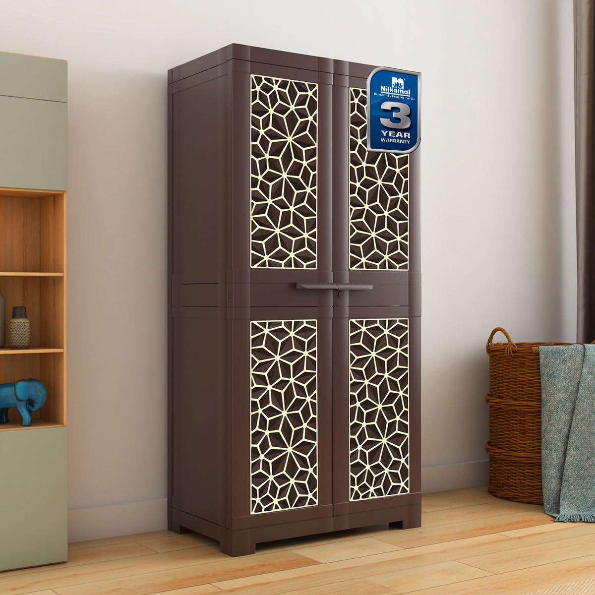 Nilkamal Freedom Big FMM Plastic Cabinet | 3-Year Warranty | 4-Shelf Storage Cupboard with Doors | Multi Organizer for Home, Wardrobe | Clothes Rack, Shelves, Almirah (Weathered Brown & Biscuit)