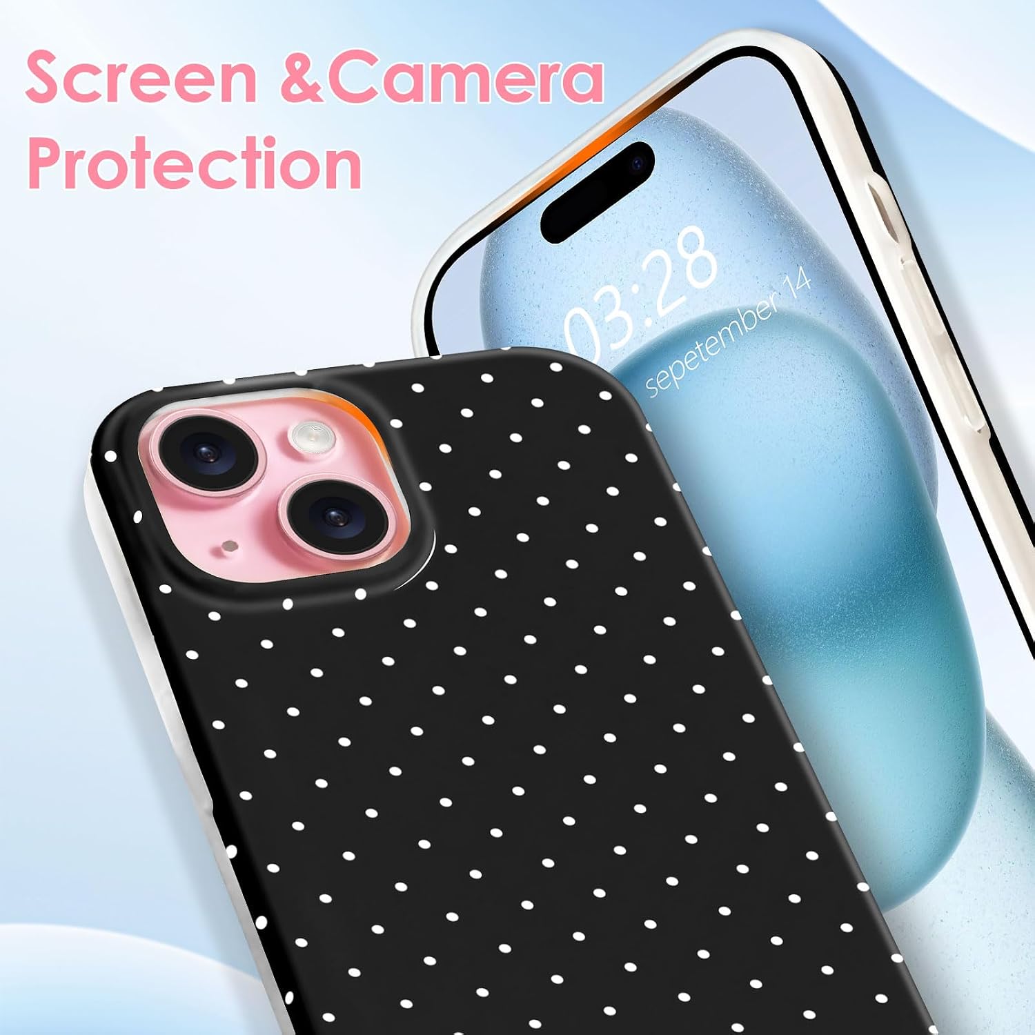 Anuck for iPhone 15 Case Polka Dot Phone Case, Cute Trendy Polka Dots Pattern Print Aesthetic Simple Design Soft TPU Slim Shockproof Protective Phone Cover 6.1" for Women Girls - Black image 3