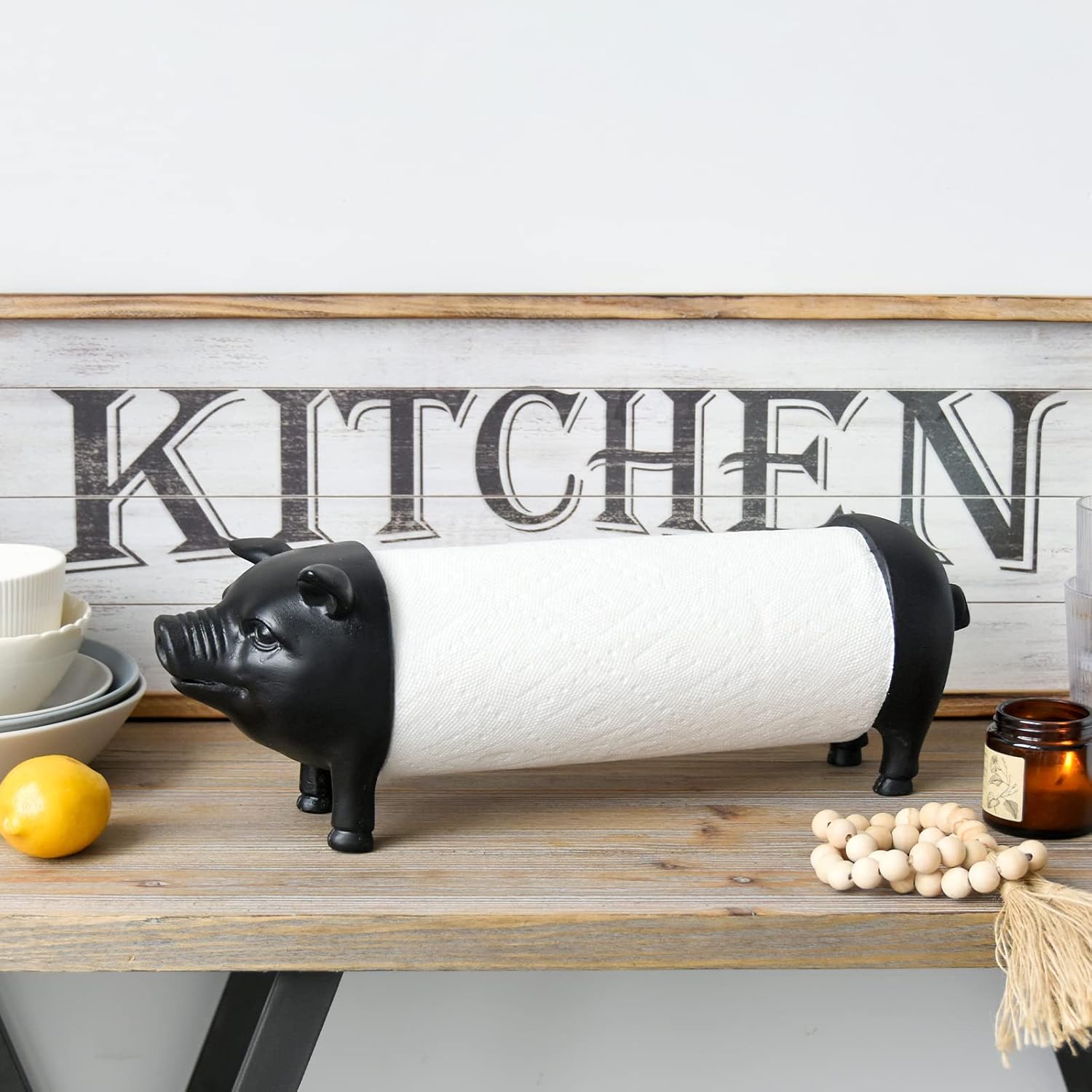 Black Pig Paper Towel Holder Farmhouse Paper Towel Holder, Rustic Country Decorative Standing Utensil for Kitchen, Vintage Animal Tissue Towel Display Stand,
