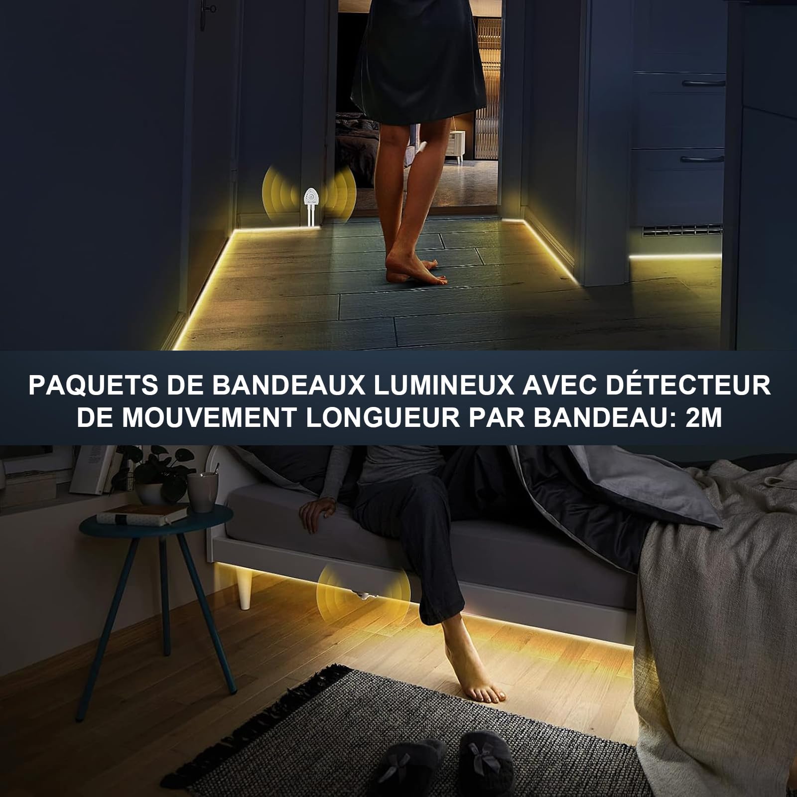 LUXJET LED Bettlicht mit Bewegungssensor, Bett Lichtleiste Nachtlicht Baby Steckdose Streifen Dimmbar, LED streifen mit Bewegungsmelder, Baby Licht Bett Warmweiß (2Pack-2M, Warmweiß)