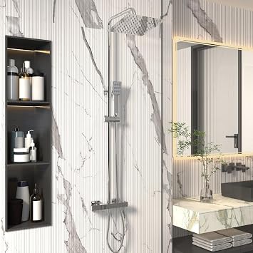 38 C Thermostatic Shower Mixer Set Chrome with 8" Square Rotating Rainfall Shower Head, 1.5m Anti-Tangle Shower Hose, Adjustable Shower Rail