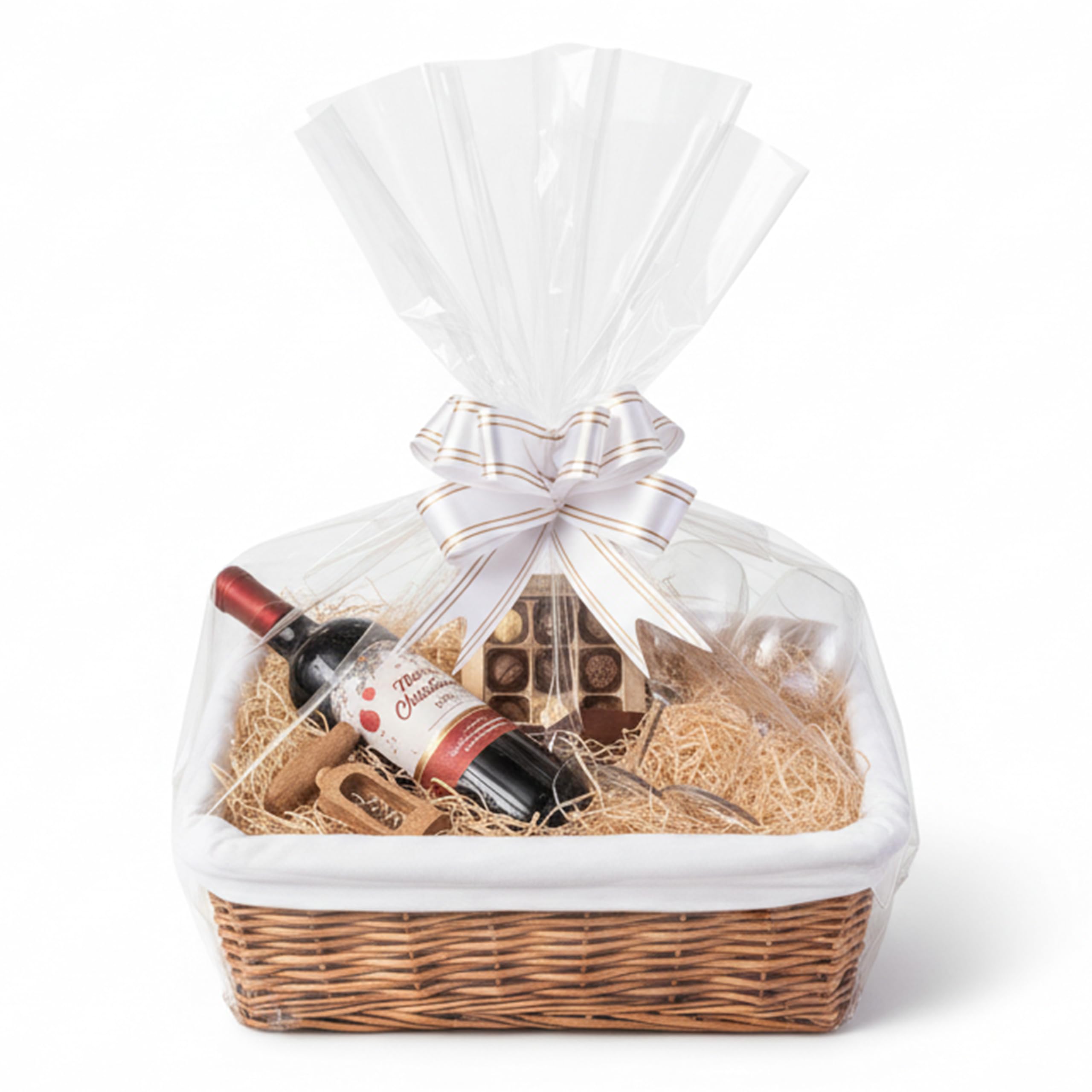 H-LINE MEDIUM Make Create Your Own Gift Hamper Kit - Natural Wicker Storage Basket Cellophane Wood Shred Bow Set - Ideal for Christmas Easter Christening Wedding Baby Shower or Birthday Gift