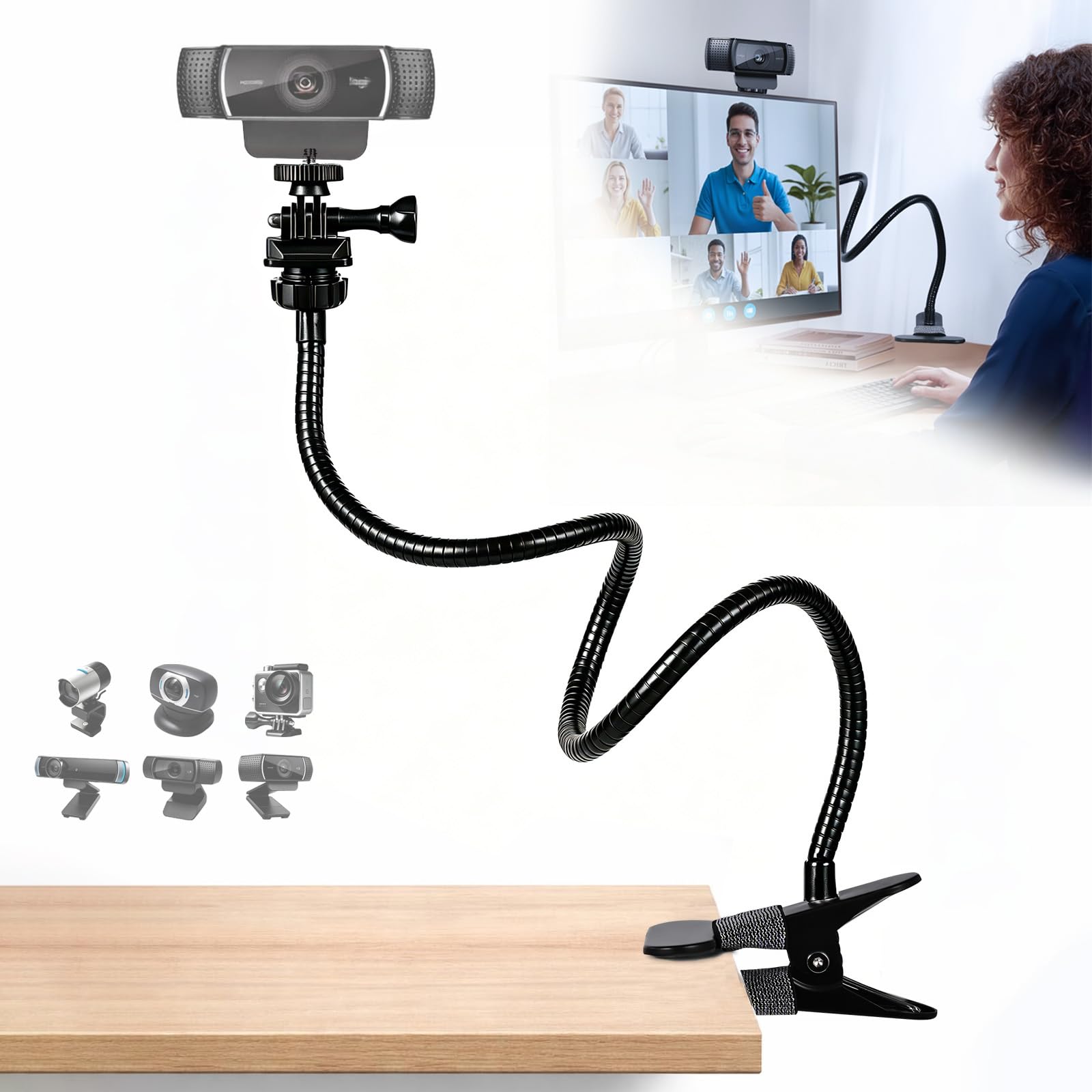 Webcam Stand, Flexible Gooseneck Desk Camera Mount Clamp, Desk Webcam Arm Compatible with Logitech C960 C930e C930 C920 C920S C922x C922 Brio 4K C925e C615, 1/4" Thread-picture-26