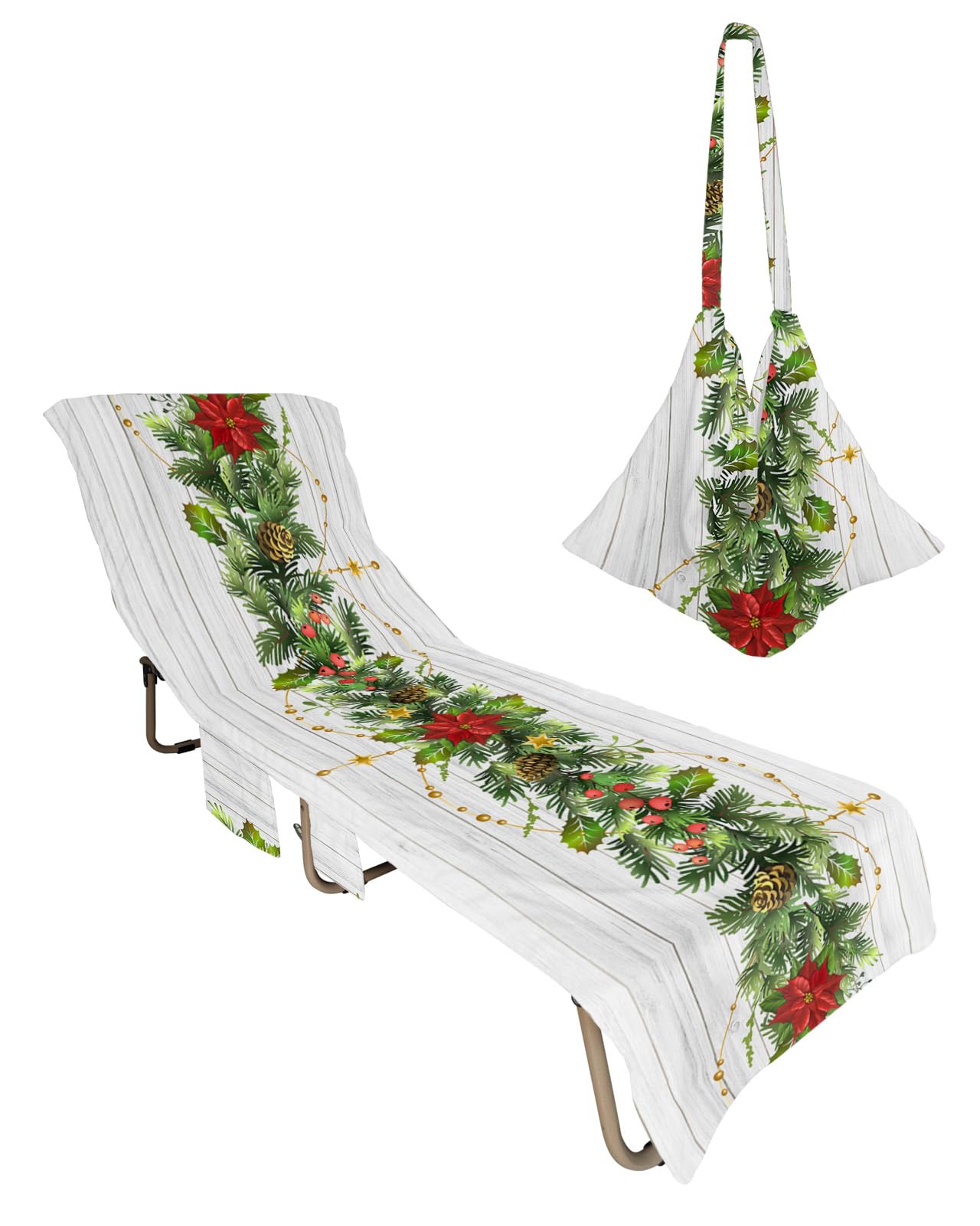 Christmas Pine Beach Chair Towel Covers for Chaise Lounge With Side Pocket, Soft Plush Pool Towels Cover for Patio Sunbathing Outdoor 29''x85'' Farmhouse Wood Red Flower