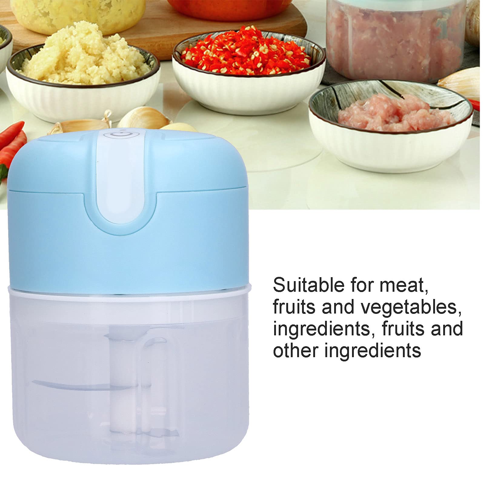 Mini Garlic Chopper, Blue Tasteless Electric Meat Grinder 304 Stainless Steel for Meat for Kitchen