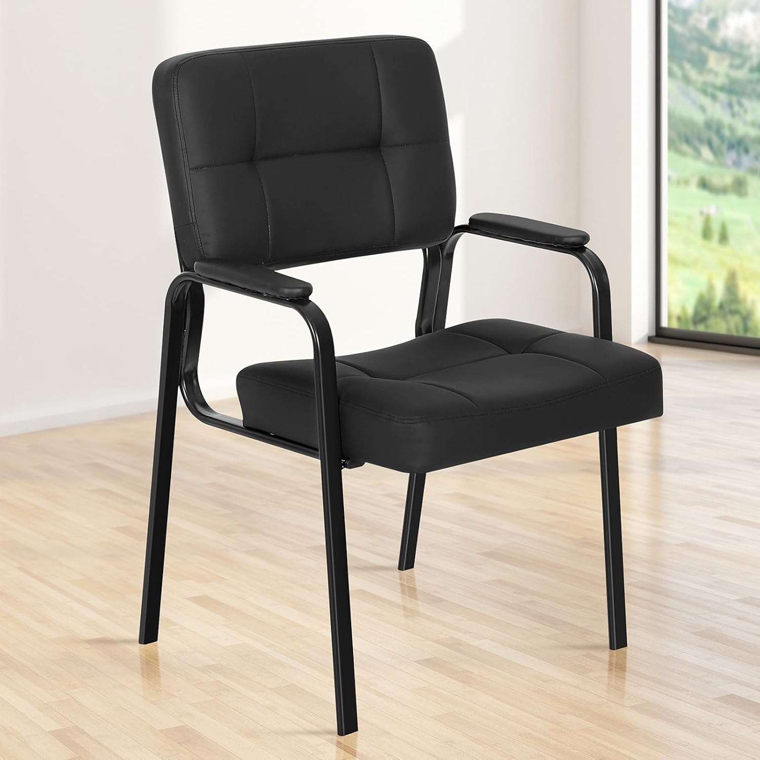 BLKMTY Waiting Room Chairs, No Wheels Leather Office Guest Chairs Stationary Office Reception Guest Chair with Padded Arms, Meeting Conference Waiting Room Lobby Table Side Home Salon Chair, Black