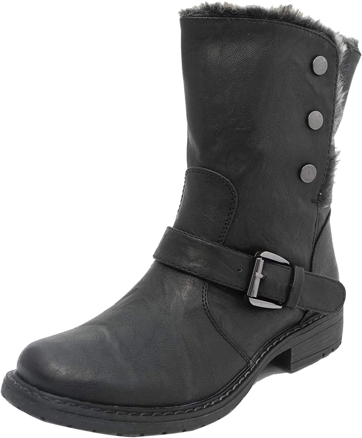 Womens Fold Down Leather Look Fur Lined Biker Ankle Boots BLACK SIZE 4
