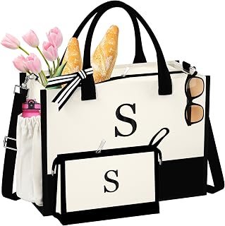 Initial Canvas Tote Bag - Reusable Grocery Bags, Birthday Gifts Basket for Bridemaids Friends Teachers