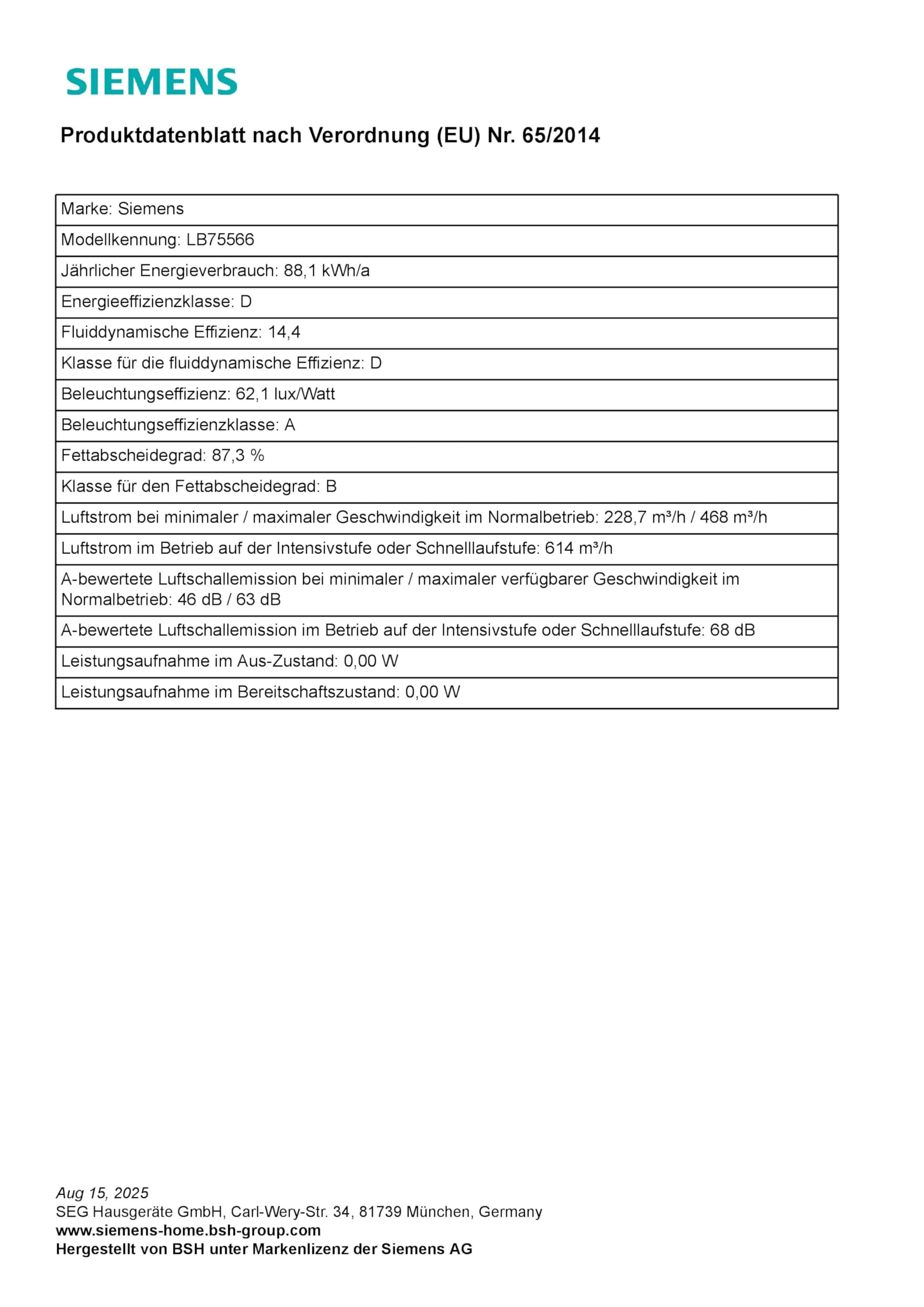 Siemens iQ300 LB75566 Lüfterbaustein 75 cm LED-Beleuchtung Abluft Umluft Silbermetallic