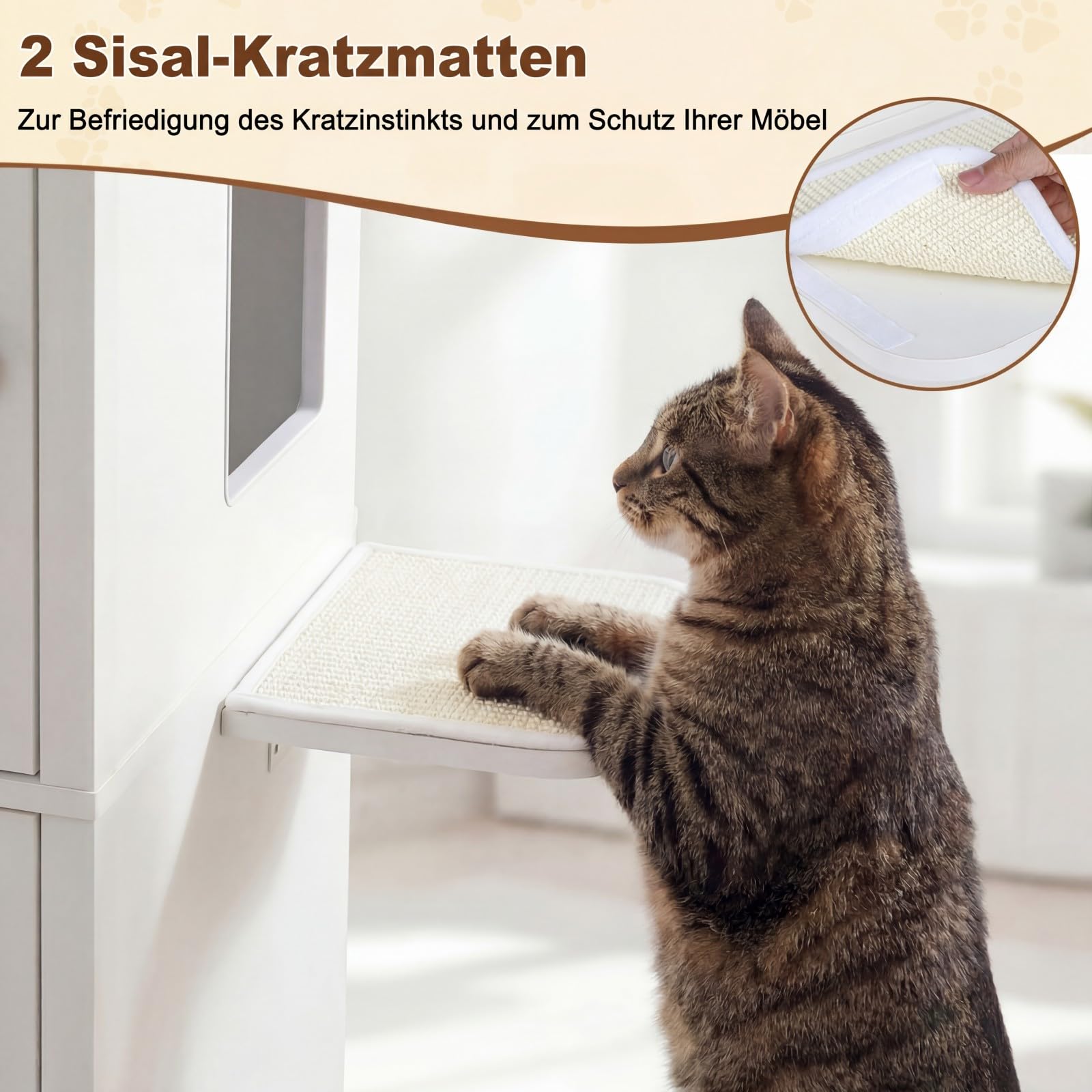 COSTWAY Katzenklo Schrank, Katzenschrank mit 2 Sisal-Kratzmatten, Plattformen & Klappfach, 3 in 1 Katzenhaus Katzentoilette Beistelltisch, Holz, Katzenmöbel für Wohnzimmer, modern, Weiß