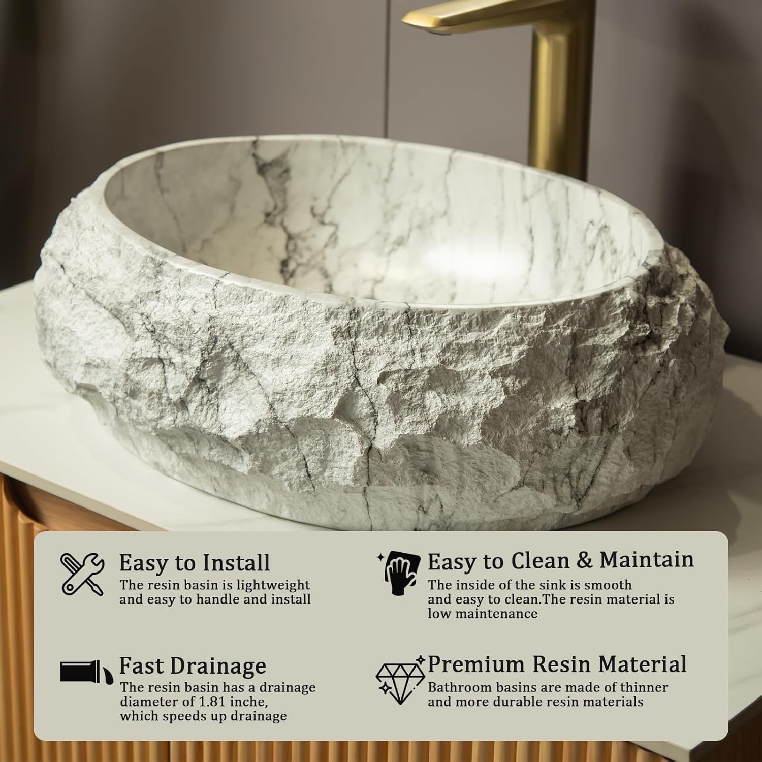 Eleshine Irregular Oval 18'' Vessel Sink, Stone Pattern Resin Bathroom Sink, Modern Artistic Style Above Counter Basin, NO Faucet, Ivory