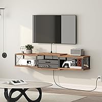 MAHANCRIS 43.7" Floating TV Stand with Power Outlet & USB Charging, Wall-Mounted Rustic Brown Media Console, 150lb Capacity TVHR101E01