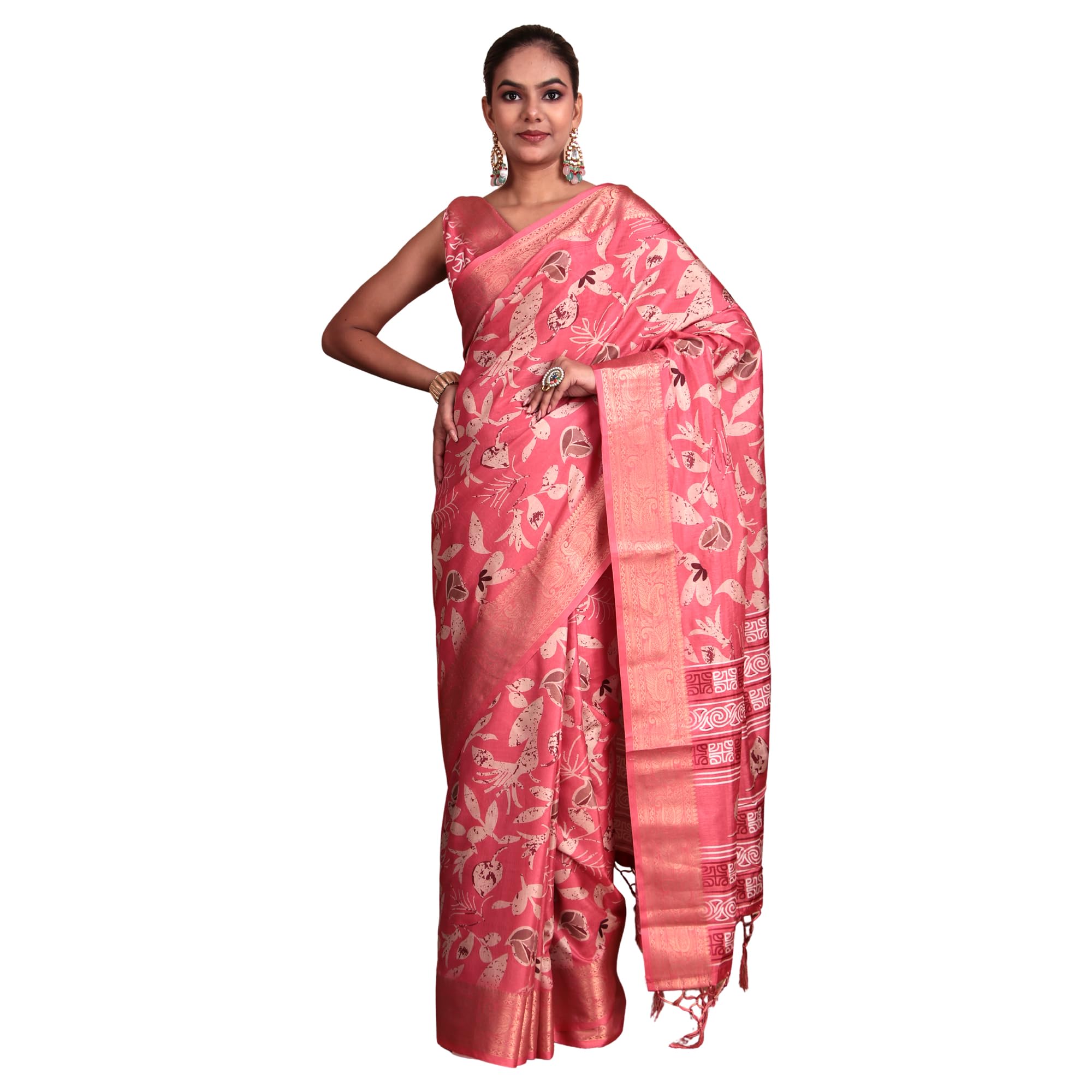 Pink Fancy Tussar Silk Saree with Intricate Floral Women Motifs and Rich Zari Border – Traditional Ethnic Wear Perfect for Weddings, Festivals, Parties & Special Occasions