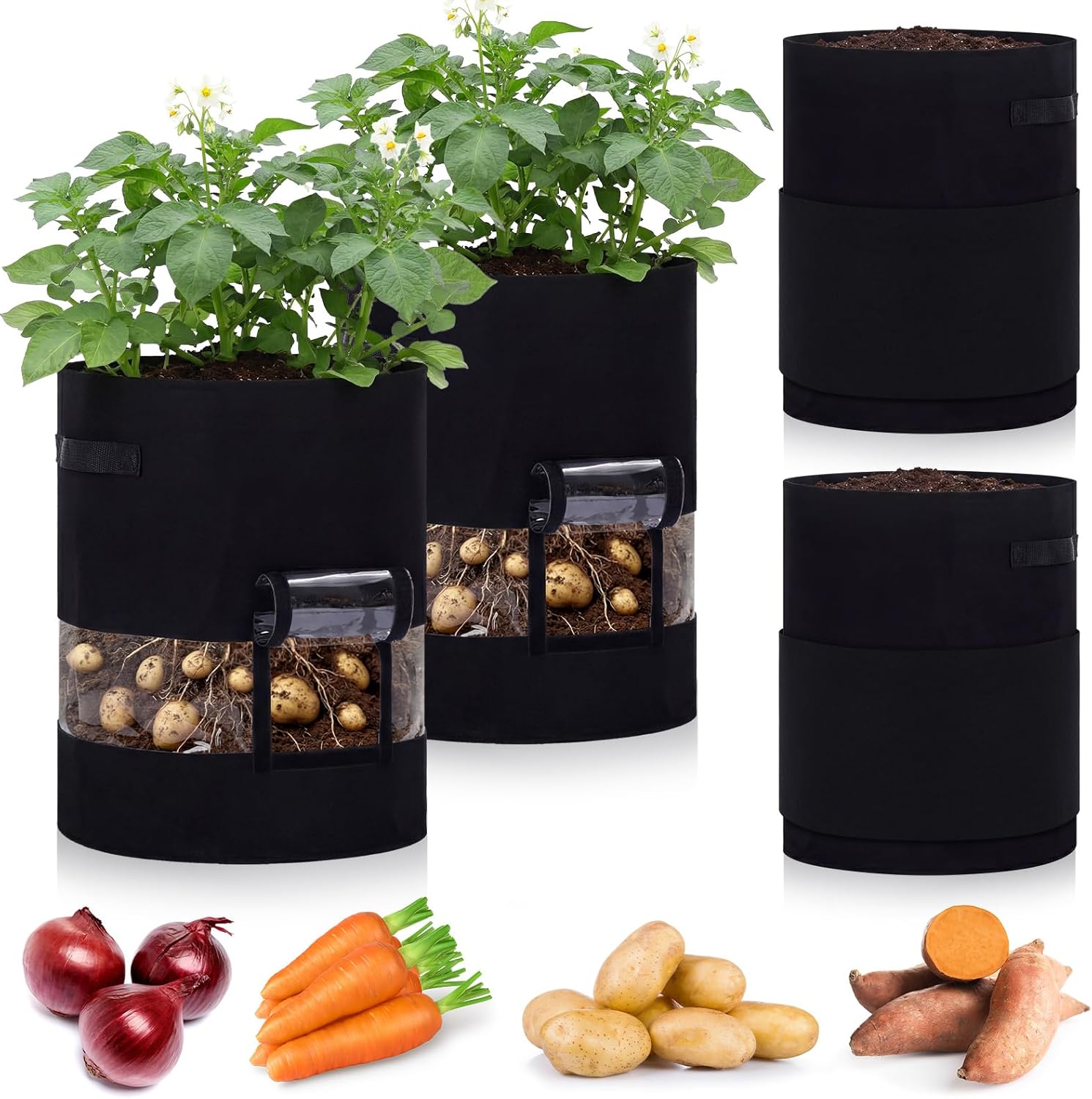 Baderke 4 Pack Visible Potato Grow Bags with Harvest Window, 360 Visibility Plant Grow Bags with Handles for Planting Potatoes, Tomatoes and Vegetables (30 Gallon,Black)