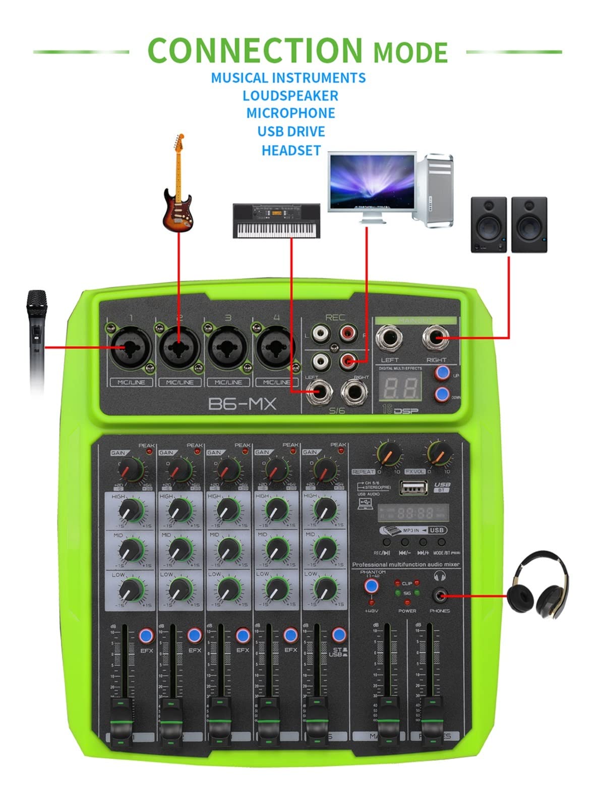 Batidora de audio de 6 canales USB Procesador de reverb con Bluetooth con potencia fantasma de 48V y 16 DSP Efecto for karaoke, fiesta al aire libre(B6-MX green)