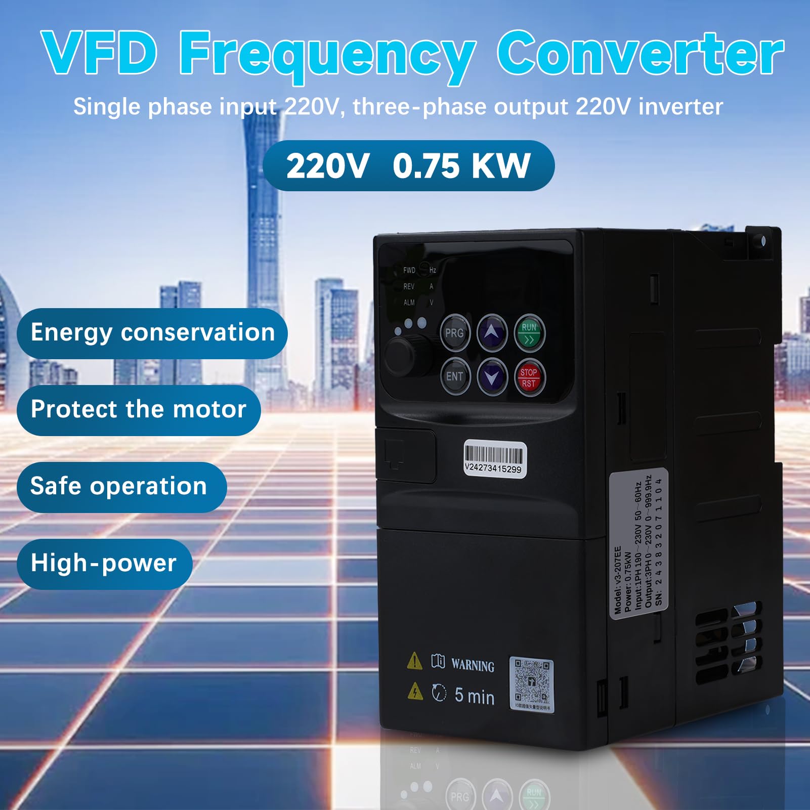 DEWIN Convertisseur de fréquence 230V, 0,75kW Convertisseur de fréquence triphasé VFD Vecteur de contrôle de vitesse Entrée monophasée 190-230V Sortie triphasée 0-230V avec câble d'extension de 1,5m(0