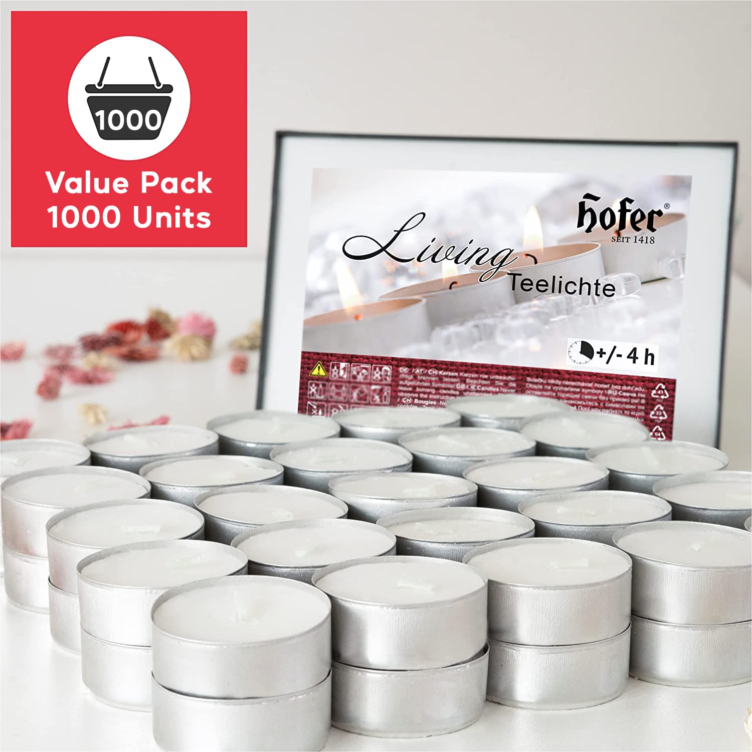 Hofer Kerzen Teelichter tealight ohne duft, 1000 Stück Set, in Metallhülsen, bis zu 4h Brenndauer, Durchmesser 38 mm, Farbe weiß, Tropffrei Wachskerzens, ohne Duft, Hergestellt in Österreich