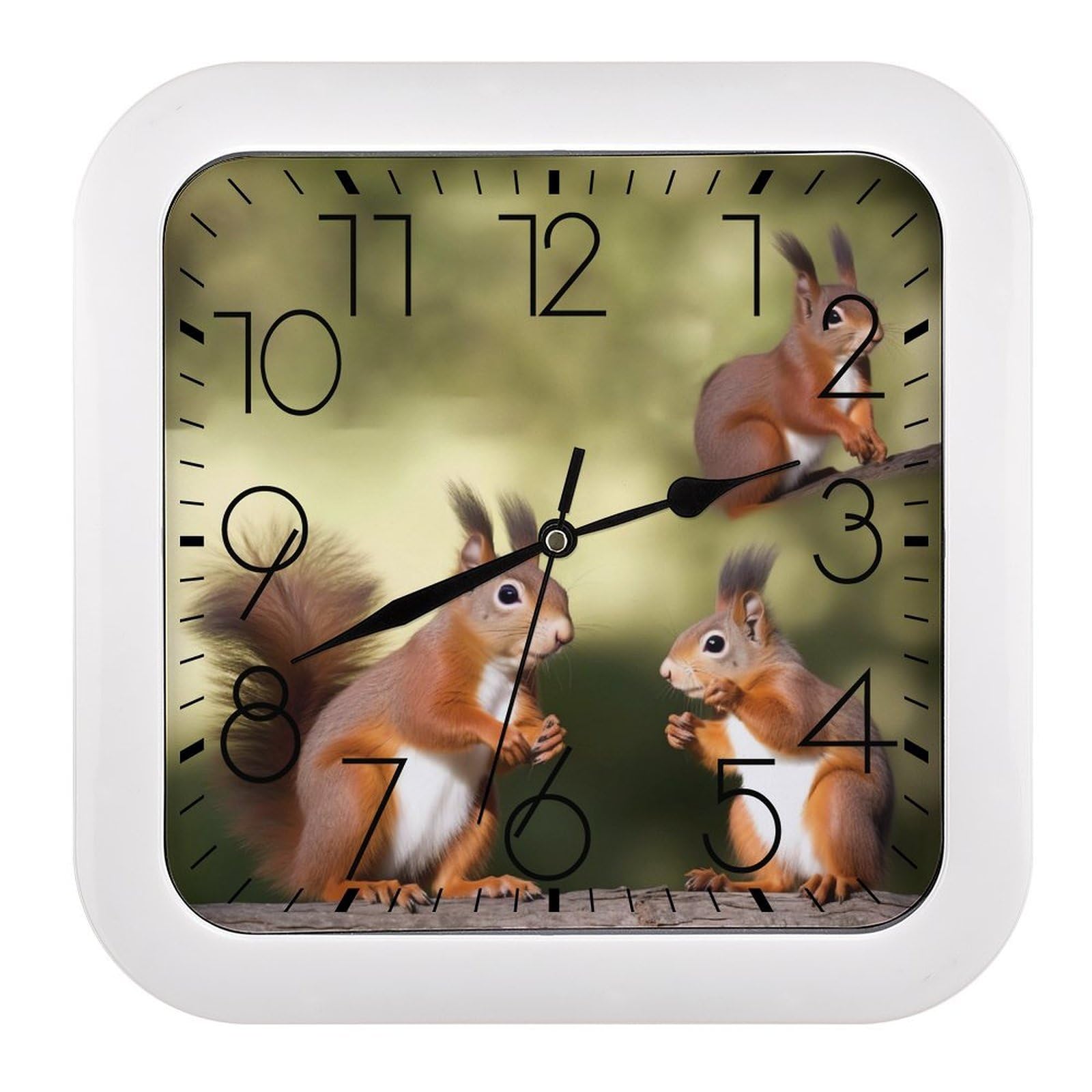 NTVOWPZO 10 Inch Wall Clock Cute Squirrels Battery Operated Wall Clocks Silent Non-Ticking Square Wall Clock for Living Room Kitchen Home Office Wall Decorative Clocks