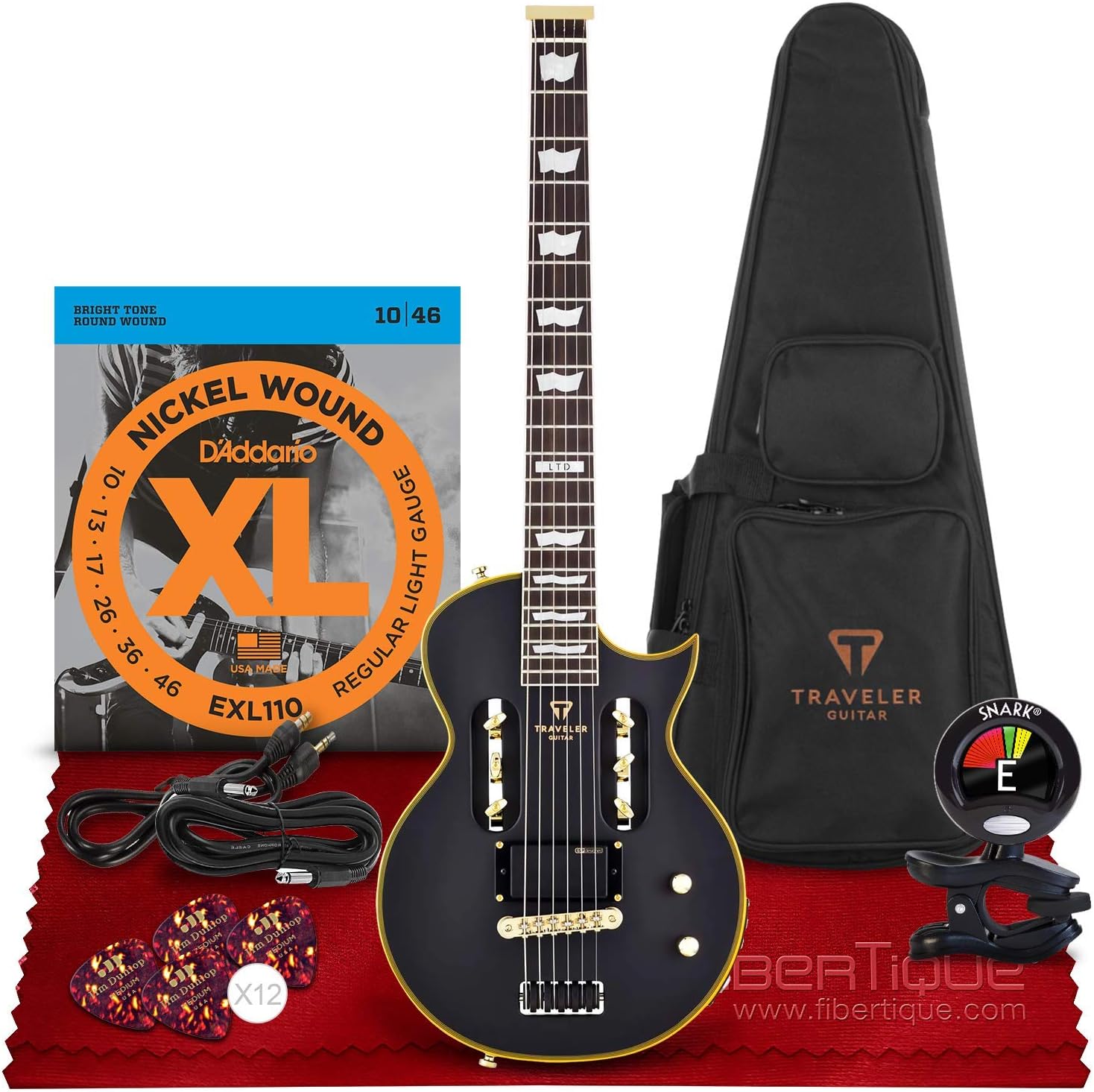 Traveler Guitar LTD EC-1 Electric Guitar (Vintage Black) (EC1 VBKM) + Clip-On 360° Rotating Tuner, Guitar Strings, Guitar Strap, Guitar Picks, Cable Kit & Fibertique Cleaning Cloth