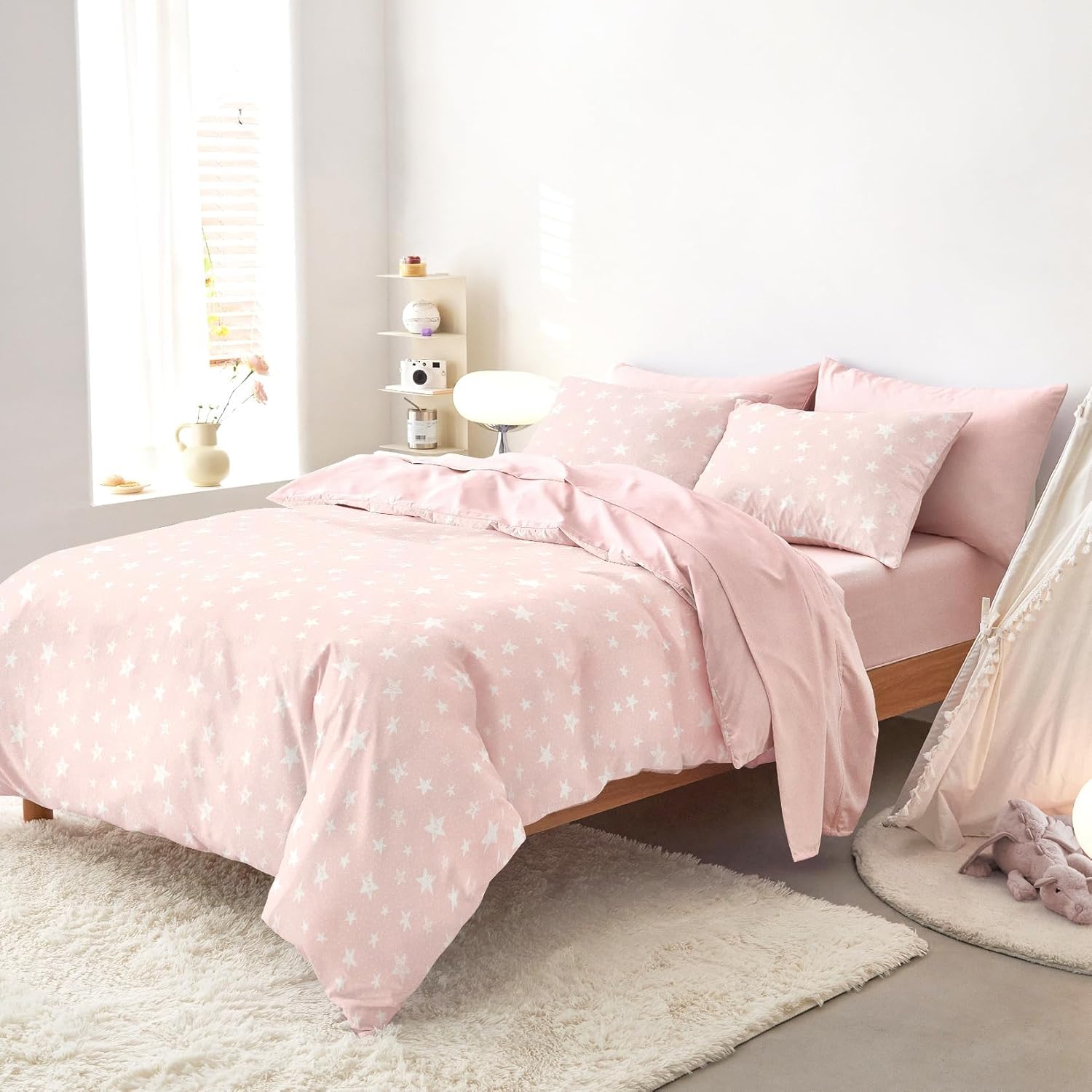 Wake In Cloud - Star Bedding Set for Boys Girls, Cute Stars Polka Dot, Soft Lightweight Comforter Set with Sheets, 5 Pieces Kids Bed in a Bag, Light Pink, Twin Size