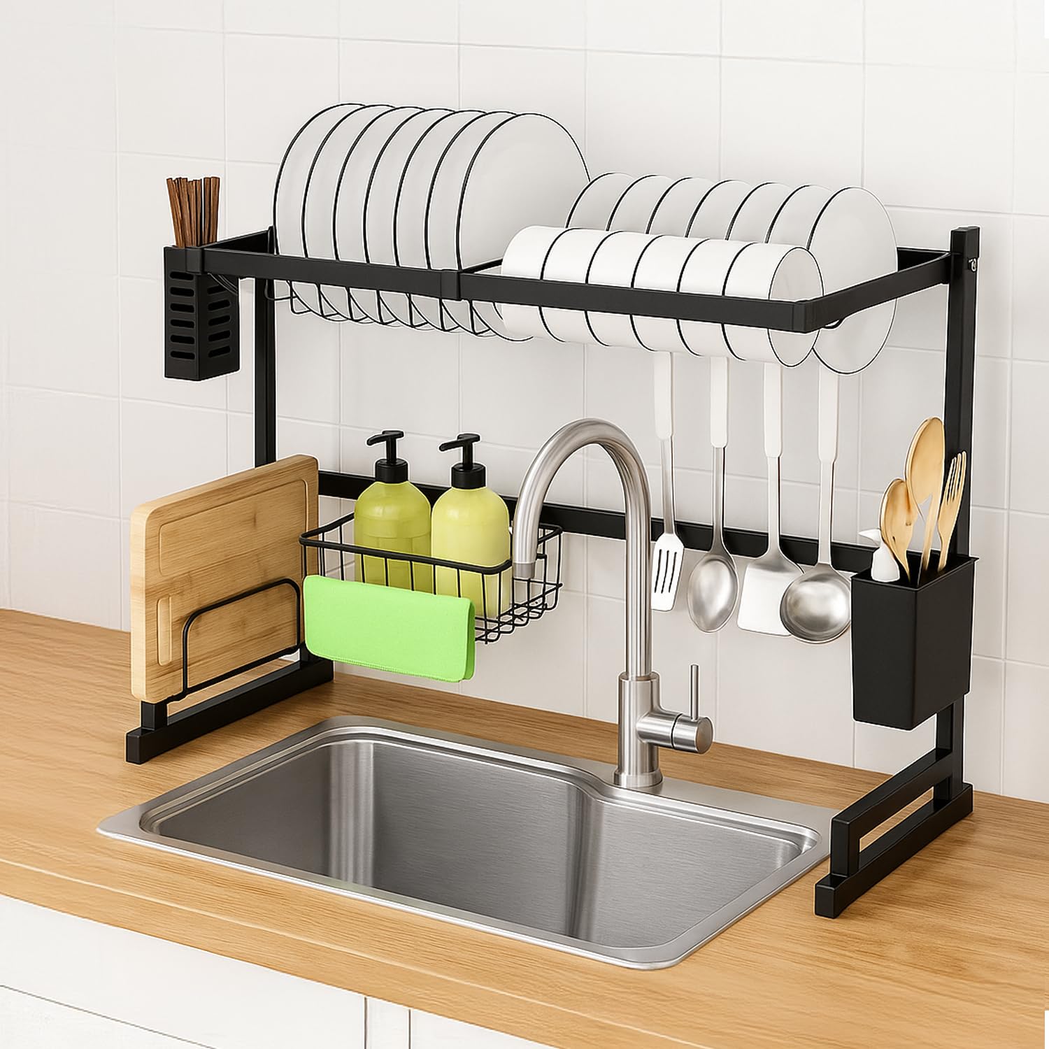 Epicasa Multifunctional Over-Sink Dish Drying Rack | Stainless Steel Rack for Kitchen Counter | 2-Tier Kitchen Organizers and Storage Rack with Drainboard and Cutlery Holder, 65cm | Black
