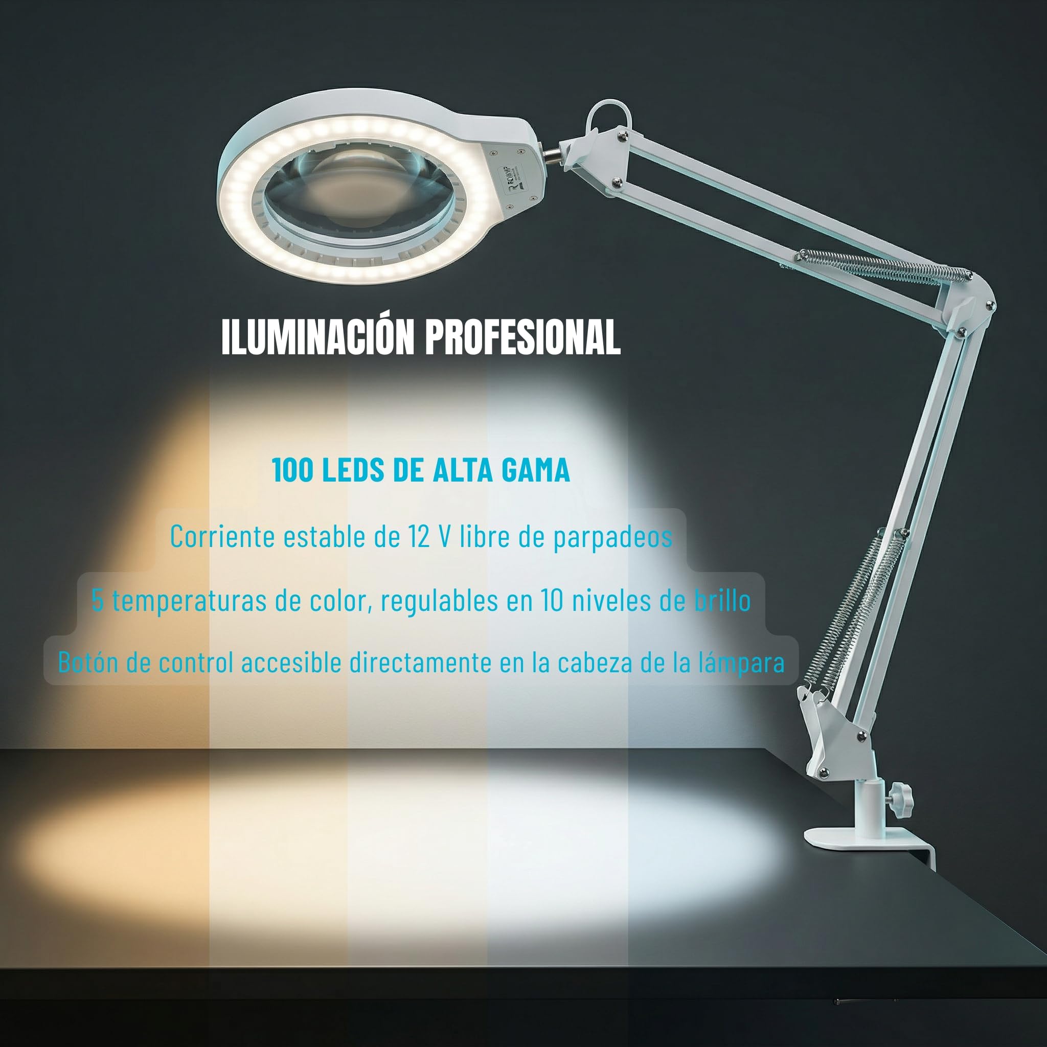 Lámpara Lupa con Pinza de Sujeción, Gran Lente de Cristal 5D | Lente de 12,5 cm, 100 LED, 5 colores, brazo 1 m, fuente 12V, mordaza 6,4 cm, estética, lectura, trabajo de detalle