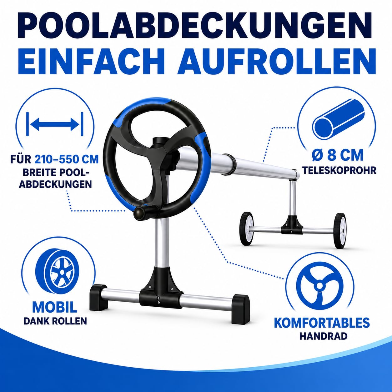 poolomio® Pool Aufroller aus Aluminium | Mobile Auf- und Abrollvorrichtung für Poolabdeckungen & Solarplanen | 210–550 cm verstellbar | UV- & wetterbeständig | Tragkraft bis 60 kg | inkl. Befestigung