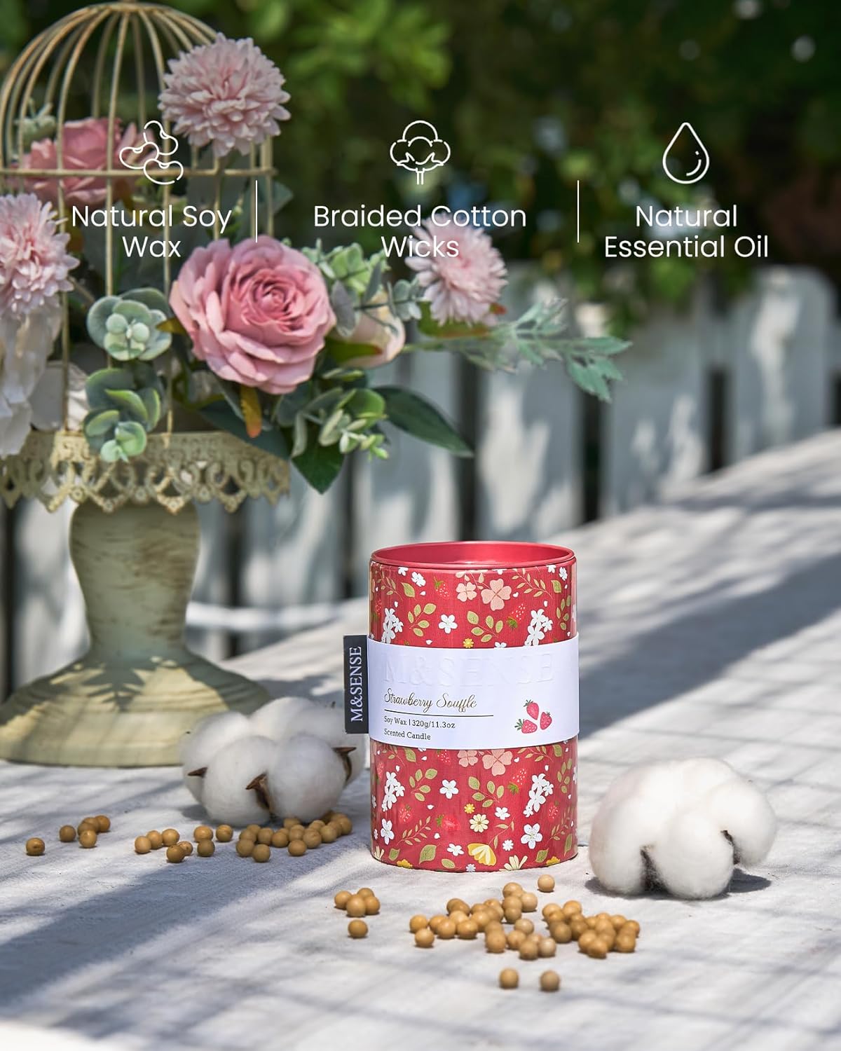 M&SENSE Spring Candle 11.3 oz,Strawberry Souffle Scented Candle,Non-Toxin Soy Wax for Home Scented, Floral Candles Gift for Women, Up to 70 Hours Burning Long-Lasting Fragrance - Image 3