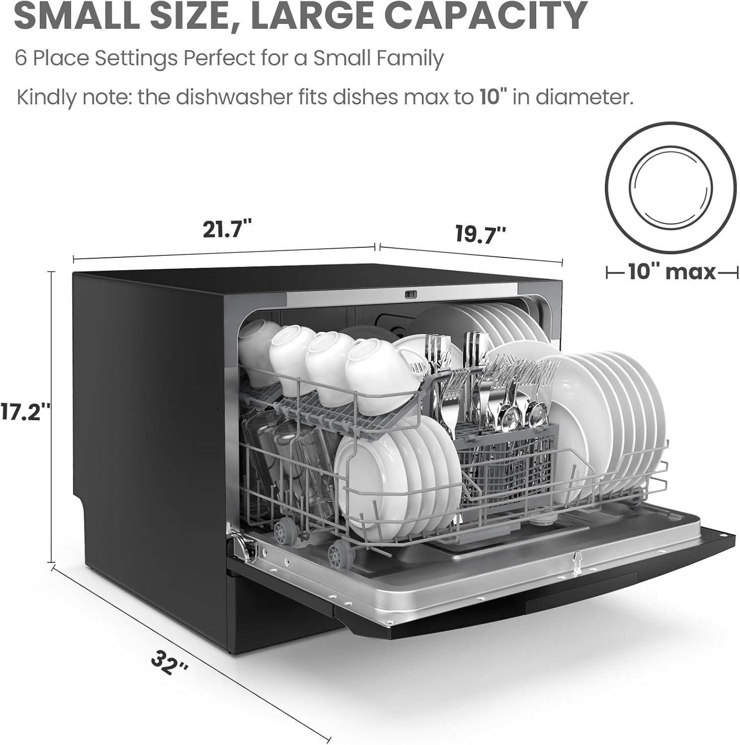 comfee countertop dishwasher loaded with dishes showing racks