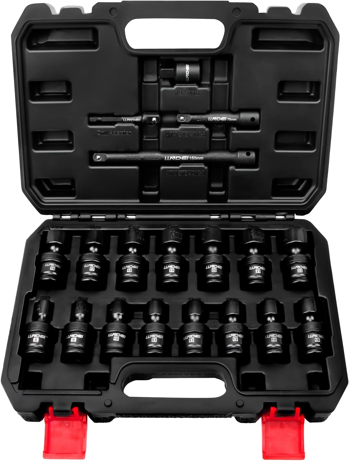 LLNDEI 3/8" Drive Universal Impact Socket Set, 19 Pieces CR-MO Swivel Socket Set, Metric(8-22mm) Wobble Sockets 6 Point with Extension Bars, Adapter and Black Organizer