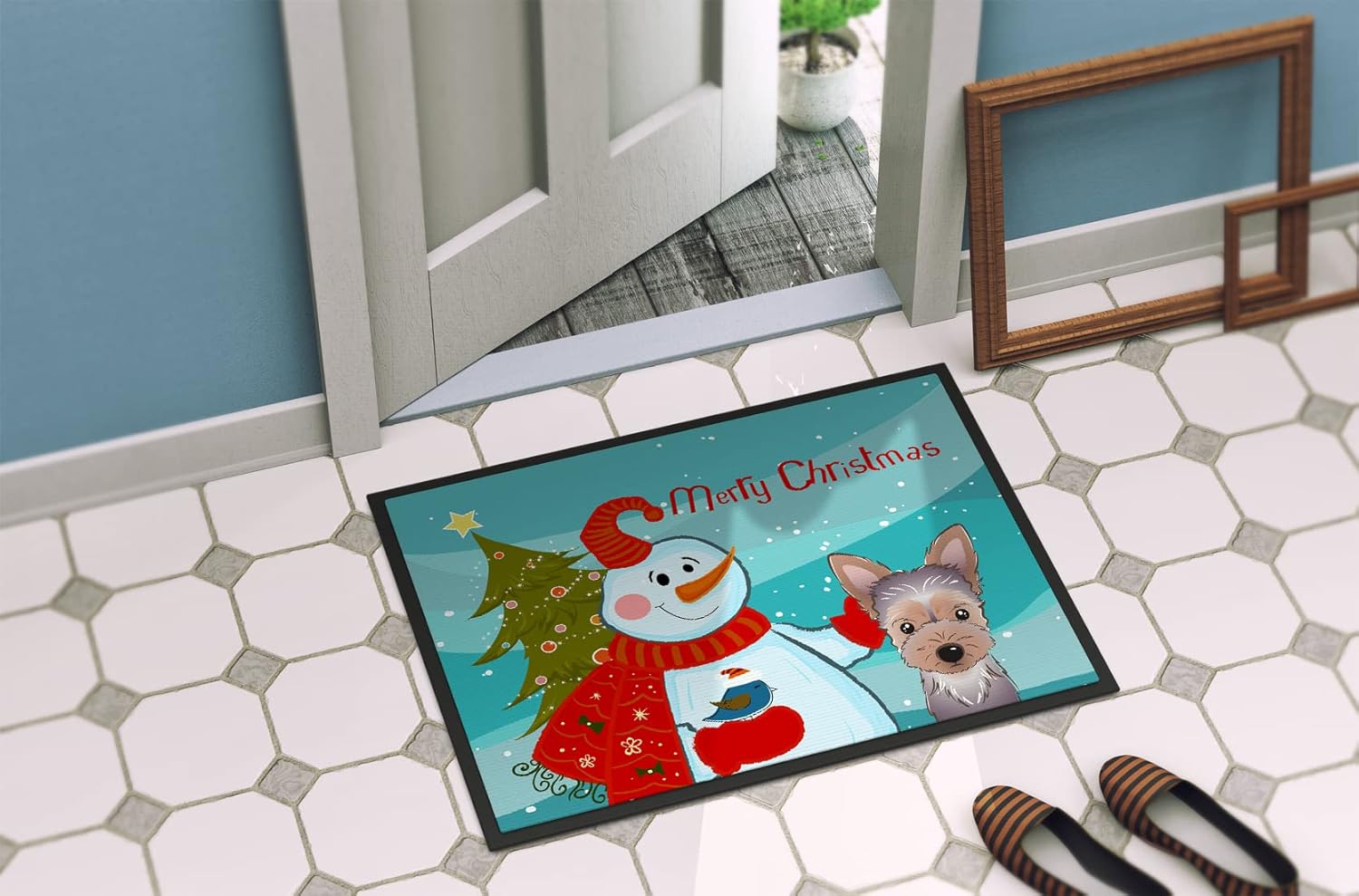 Caroline's Treasures BB1852MAT Snowman with Yorkie Puppy Doormat 18x27 Front Door Mat Indoor Outdoor Rugs for Entryway, Non Slip Washable Low Pile, 18H X 27W