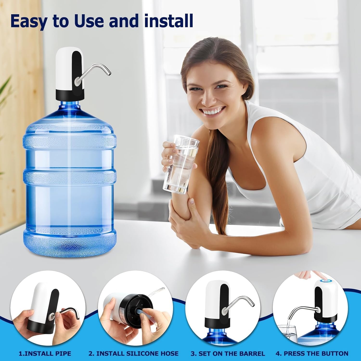 Pompe à eau pour bouteille de 18 litres, distributeur d'eau potable électrique à chargement USB automatique avec batterie rechargeable, pompe électrique portable pour la maison, le camping – Noir