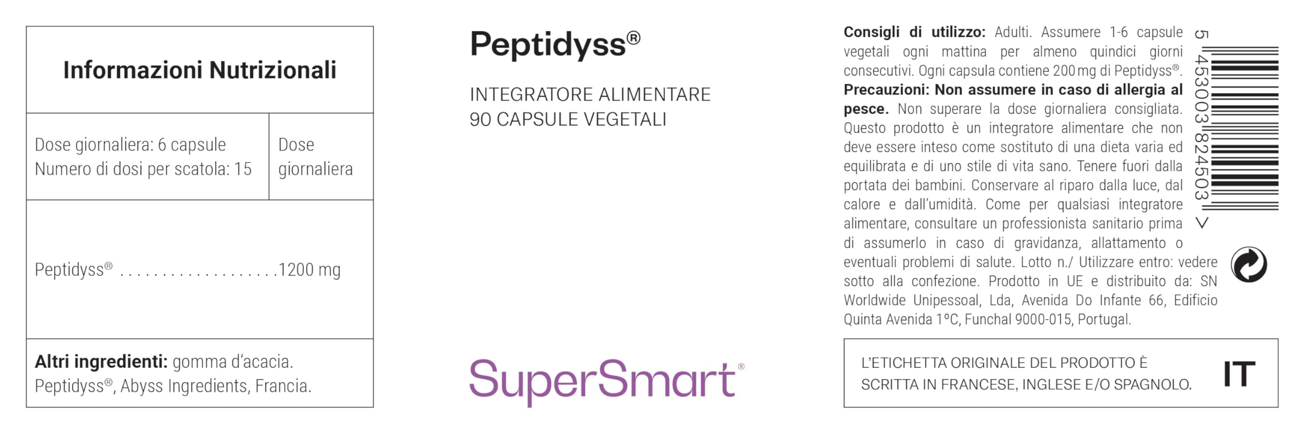 Supersmart - Peptidyss - Proteine del Pesce Idrosalate - Anti-Stress | No-OGM & Gluten Free - 90 Capsule Vegetariane