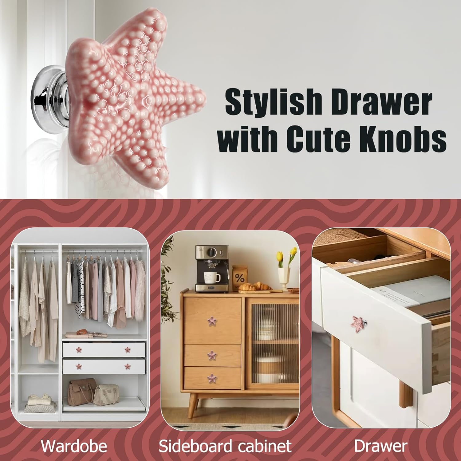 Luomorgo 4 Pack Ceramic Starfish Drawer Knobs - Coastal Pink Cabinet Handles for Kitchen, Dresser & Wardrobe Cupboard Drawer, Beach Theme Pulls with Screws