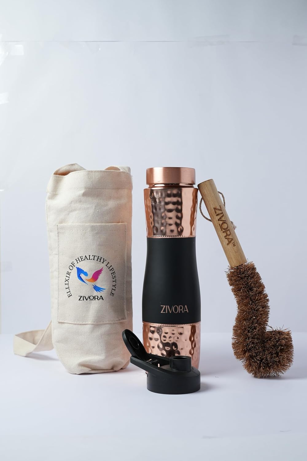 Pure Copper Water Bottle with Sipper Cap, Canvas Bag, Copper Straw, Cleaning Brush, 1.2 Pounds (Gloss)