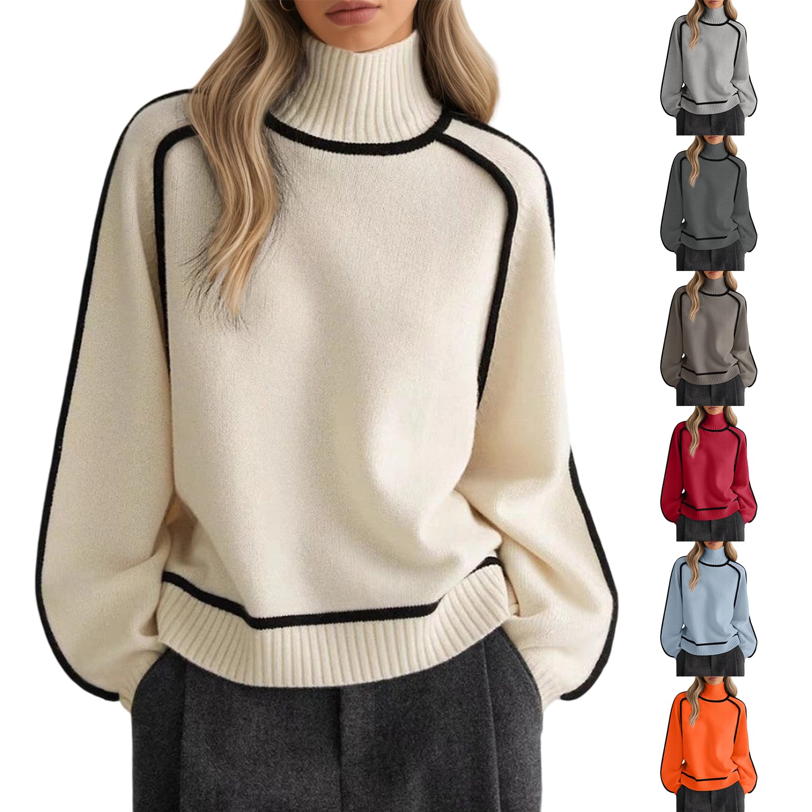 Mock Neck Sweater Women Striped Color Block Oversized Pullover Sweaters Casual Loose Chunky Knitted Tops