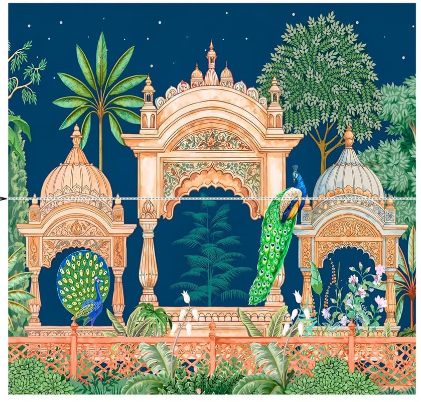 Image of Peacock backdrops decorationss | Backdrop Cloth for Decoration| Traditional Backdrop Decoration Cloth Dark Blue Colur Banana Tree Two Peacock 8 8 feet | puja Backdrop Decorations Cloth