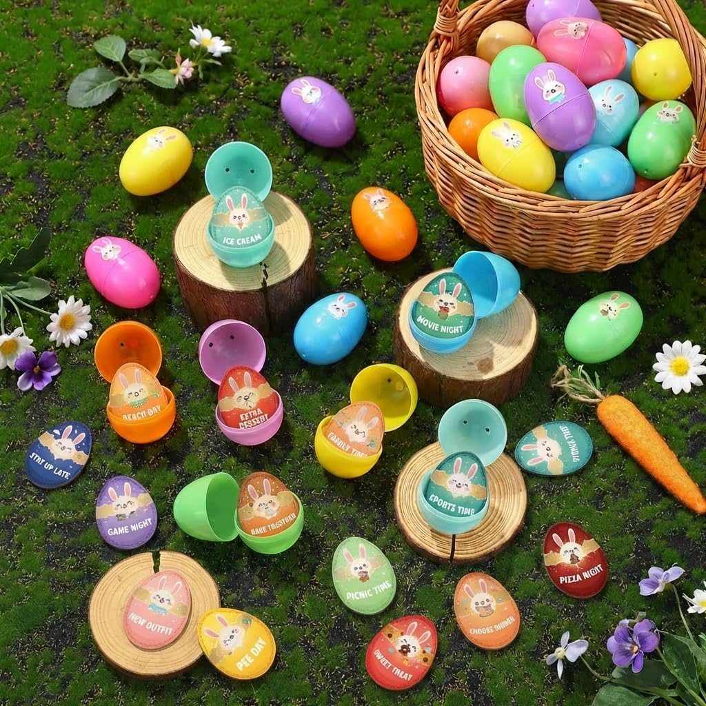Easter Egg Wooden Tokens 30 PCS, Bunny Bucks Egg Fillers with Organza Bag, Egg Reward Coupons Basket Stuffers with 30 Different Engraved Sayings, Easter Gifts for Kids Teens Toddlers Girls Boys