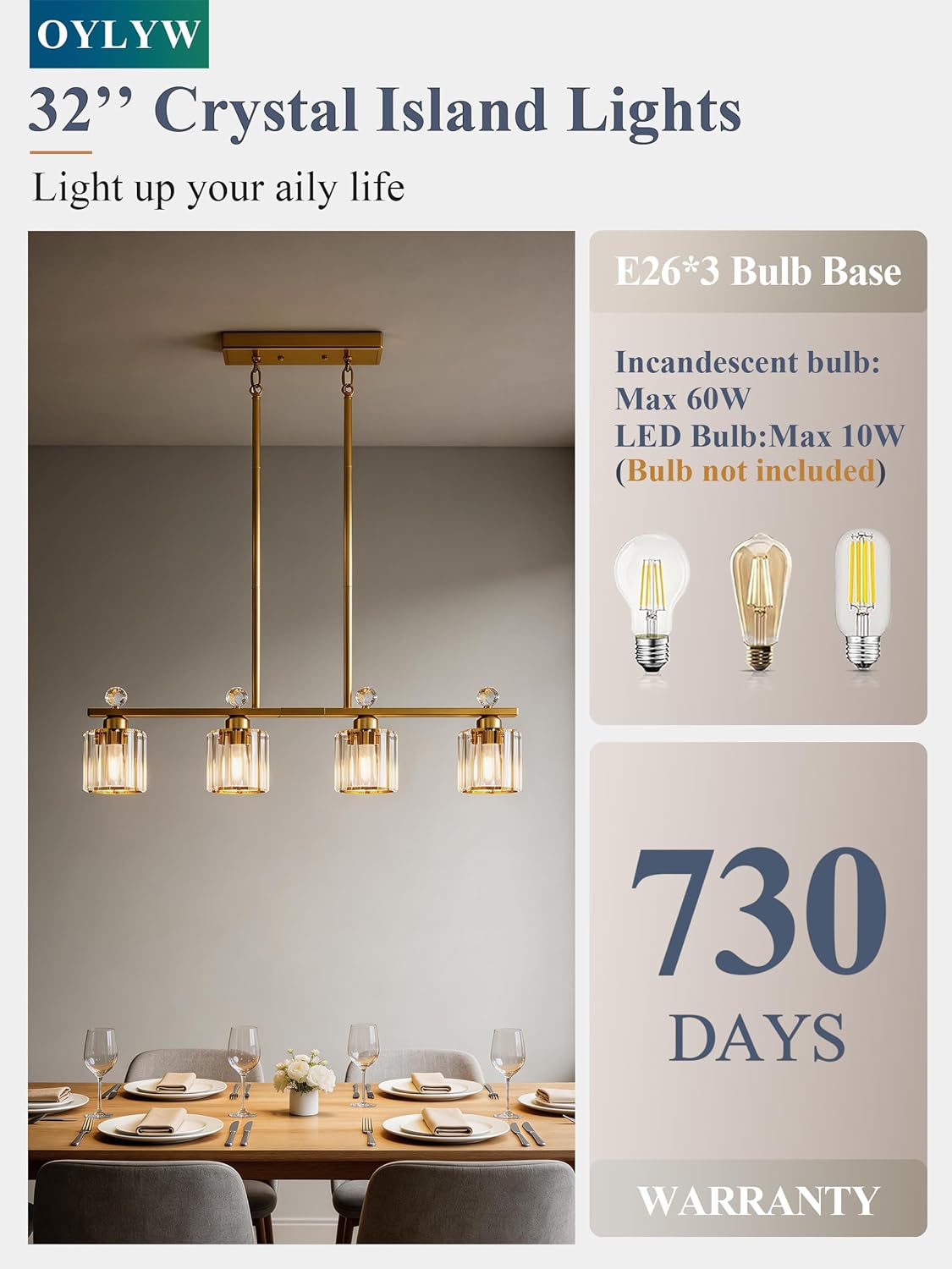 Modern Dining Room Light Fixture Over Table, Crystal Pendant Lights Kitchen Island, Chandeliers for Dining Room Kitchen Light Fixtures (E26) 4-Light Gold