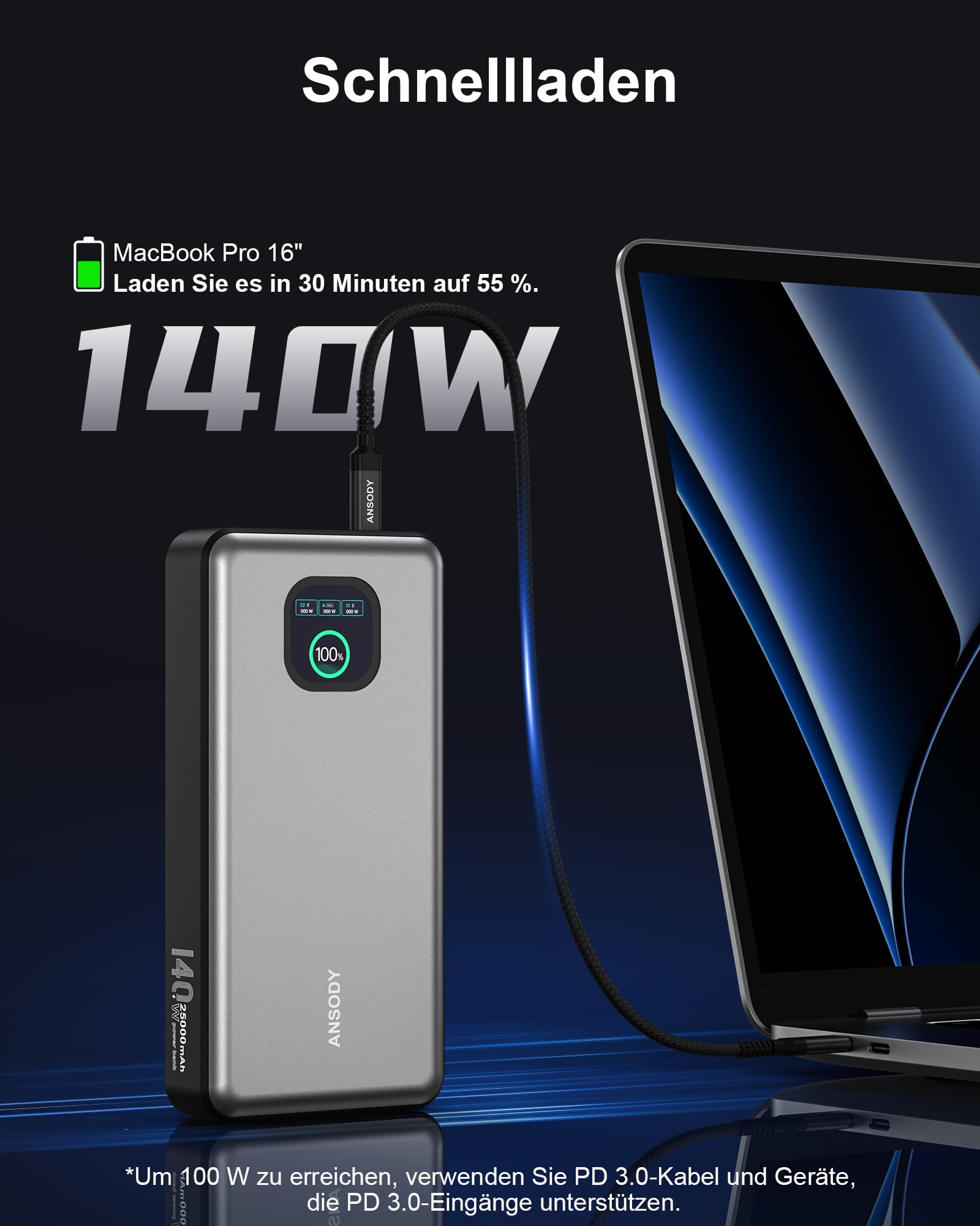 Laptop Power Bank 140W Max 25000mAh Batterie Externe avec 2 Ports USB-C - Chargeur Portable avec Écran Numérique Compatible avec MacBook Pro, iPhone 16/15, Samsung, Dell (Gris) (Argent)