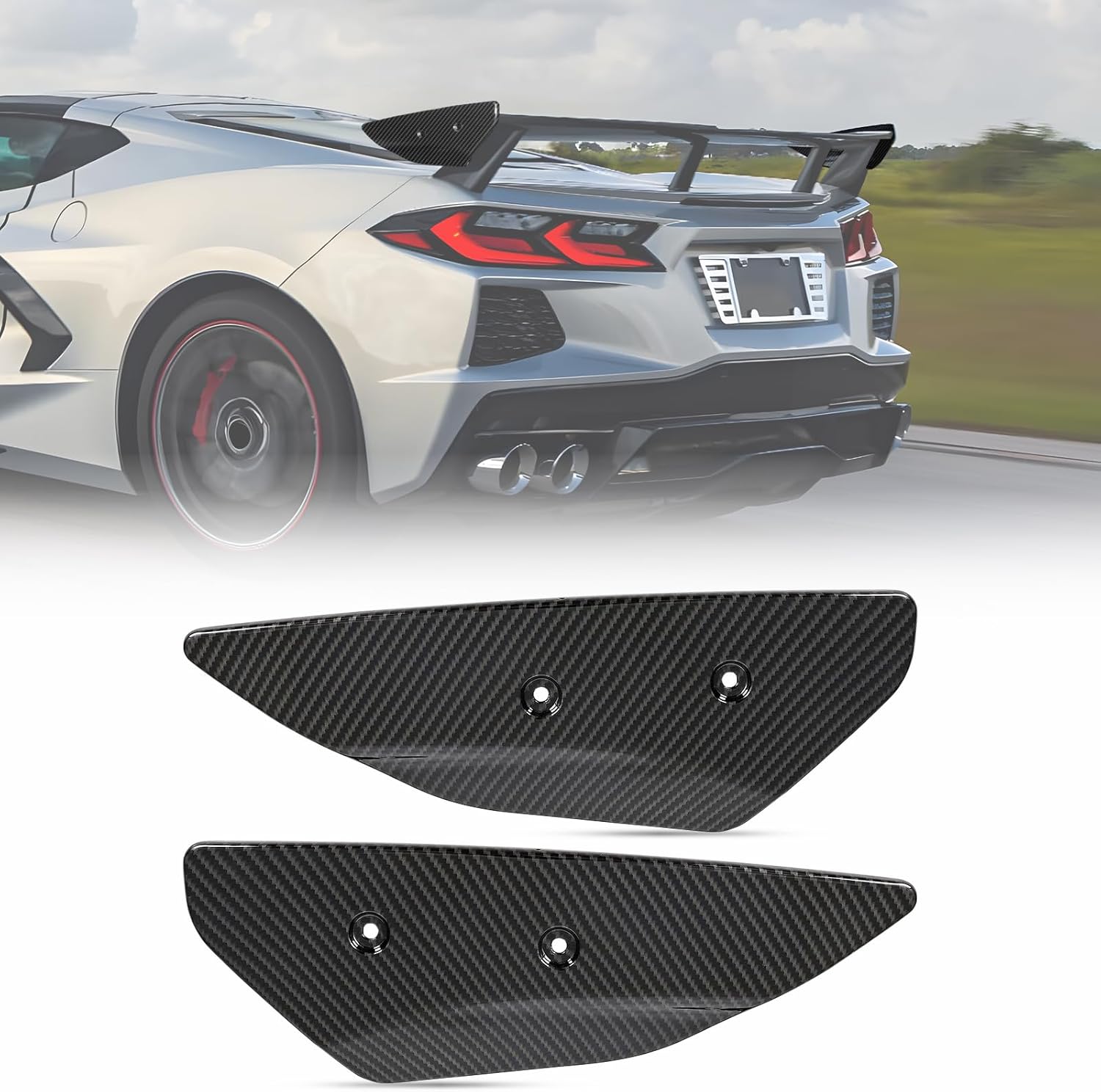 Rear High Wing Spoiler Side Winglet fit for Chevy Corvette C8 Stingray Coupe Convertible 5VM with Factory Rear High Wing Spoiler 2020-2024 (Carbon Fiber Texture)