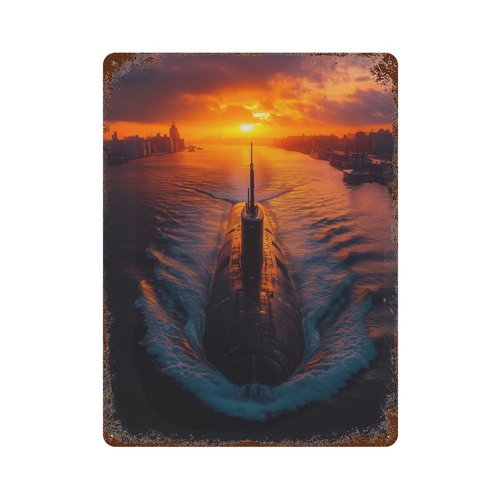Submarine in Sunset Decorative Tin Sign 15.7"x11.8", Ideal for Garage, Bar And Workshop Decor