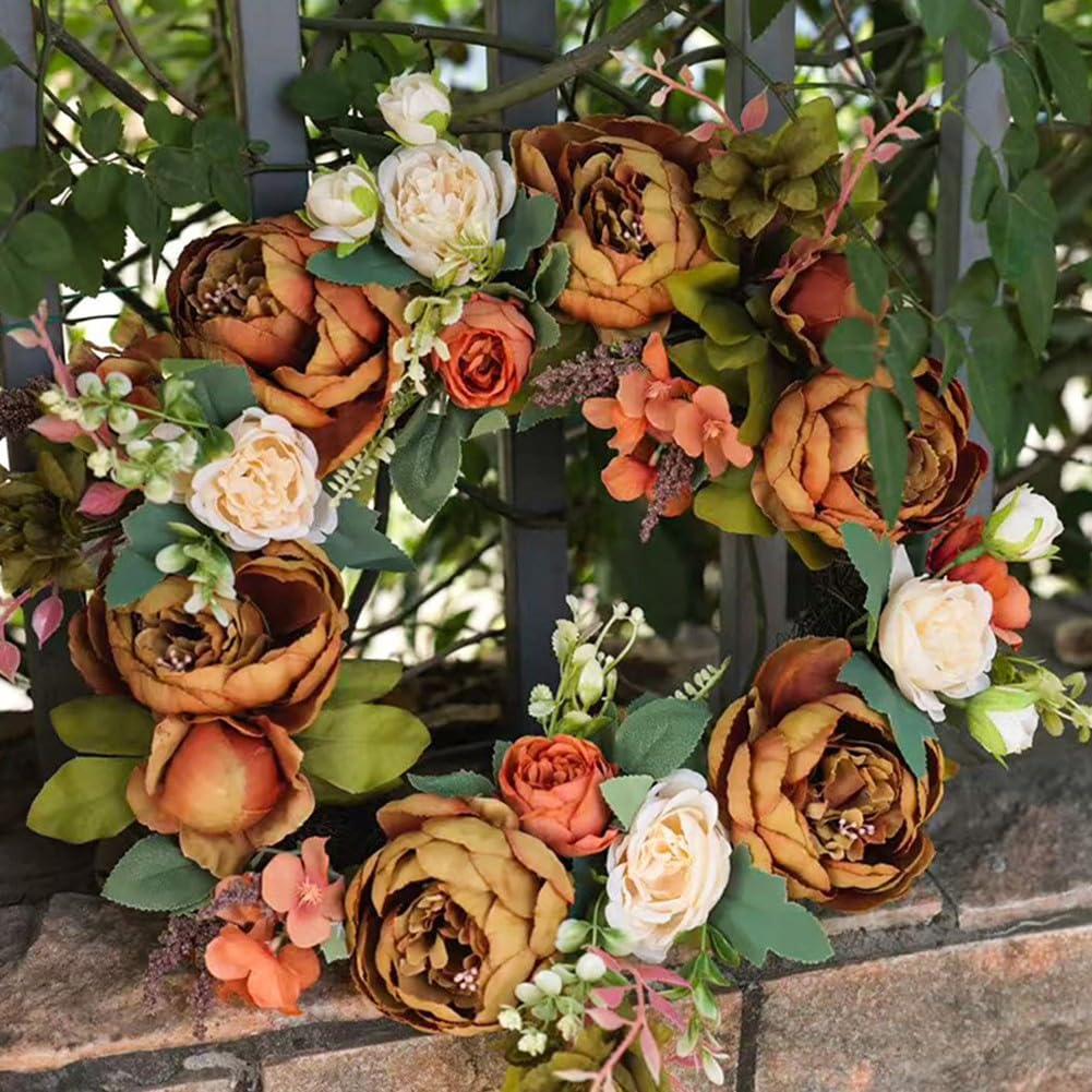 KiraKira Couronne de printemps décorative en plastique avec pivoines, hortensias, baies pour usage extérieur et intérieur
