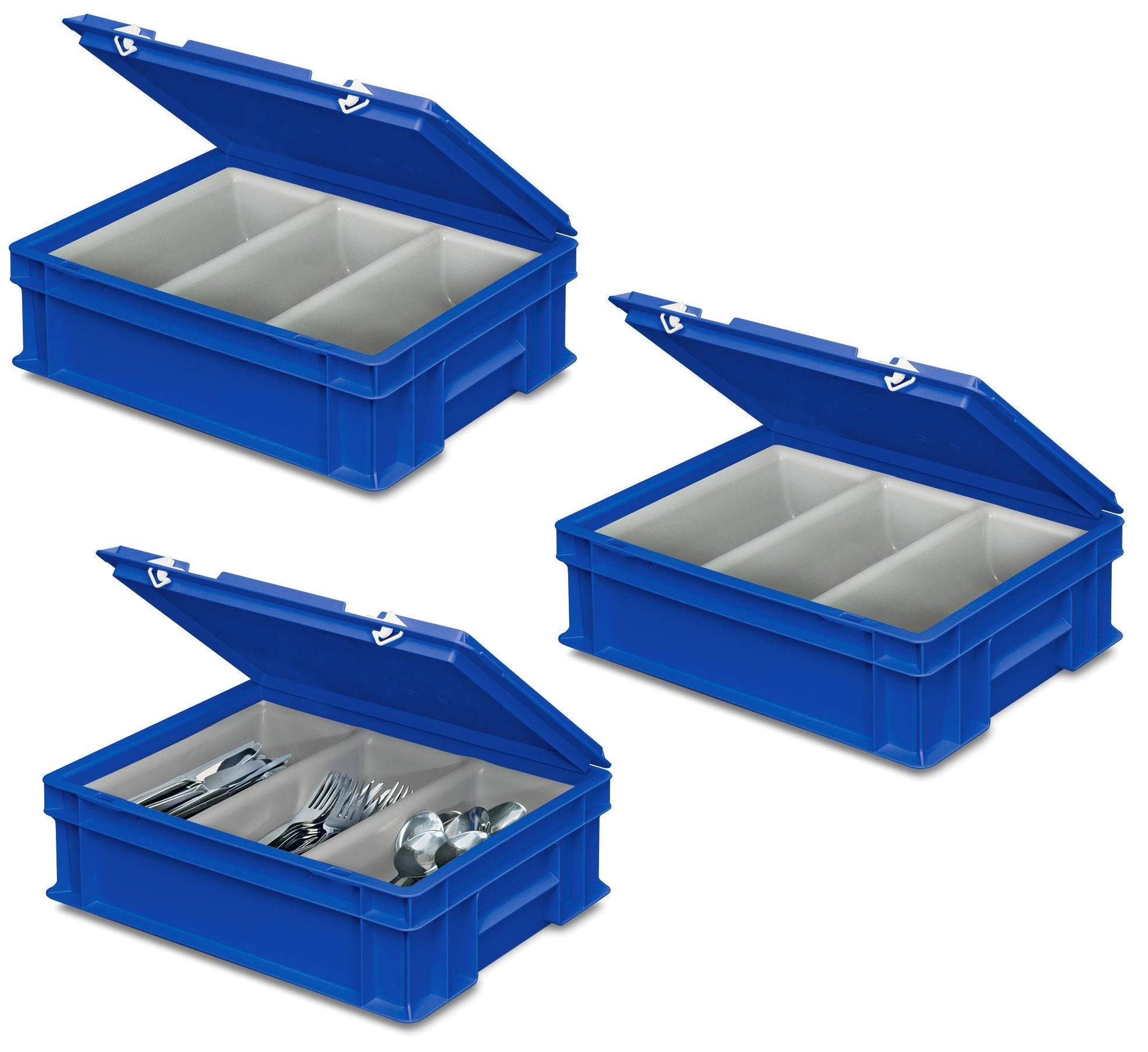 BRB 3x Besteckkasten mit 3-Mulden Besteckeinsatz, LxBxH 400x300x130 mm, blau