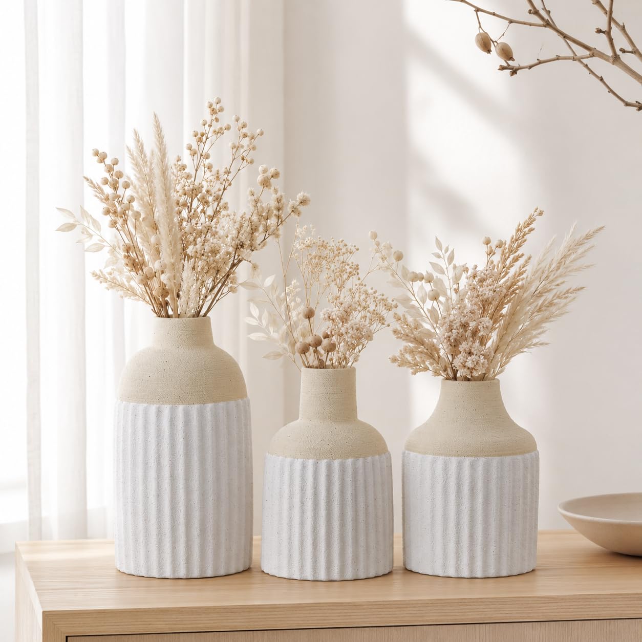 Juego de 3 jarrones de cerámica modernos y estéticos bohemios para decoración del hogar para cocina, comedor, dormitorio, oficina, sala de estar, baño y estantes, centro de mesa, decoración (beige