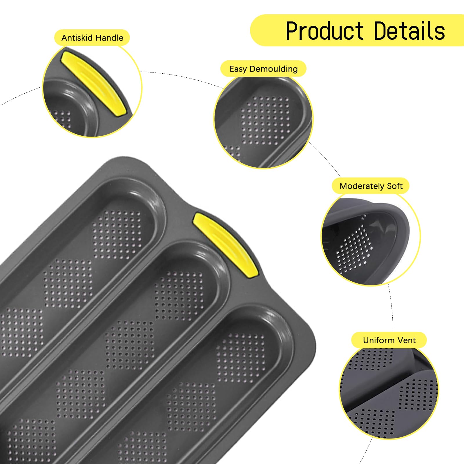 JAOGAUS Lot de 6 moules à baguettes en silicone, 3 grilles de cuisson, 9 moules à pain en silicone, anti-adhésif, perforé, pain français, bâton de pain, petits pains (gris)