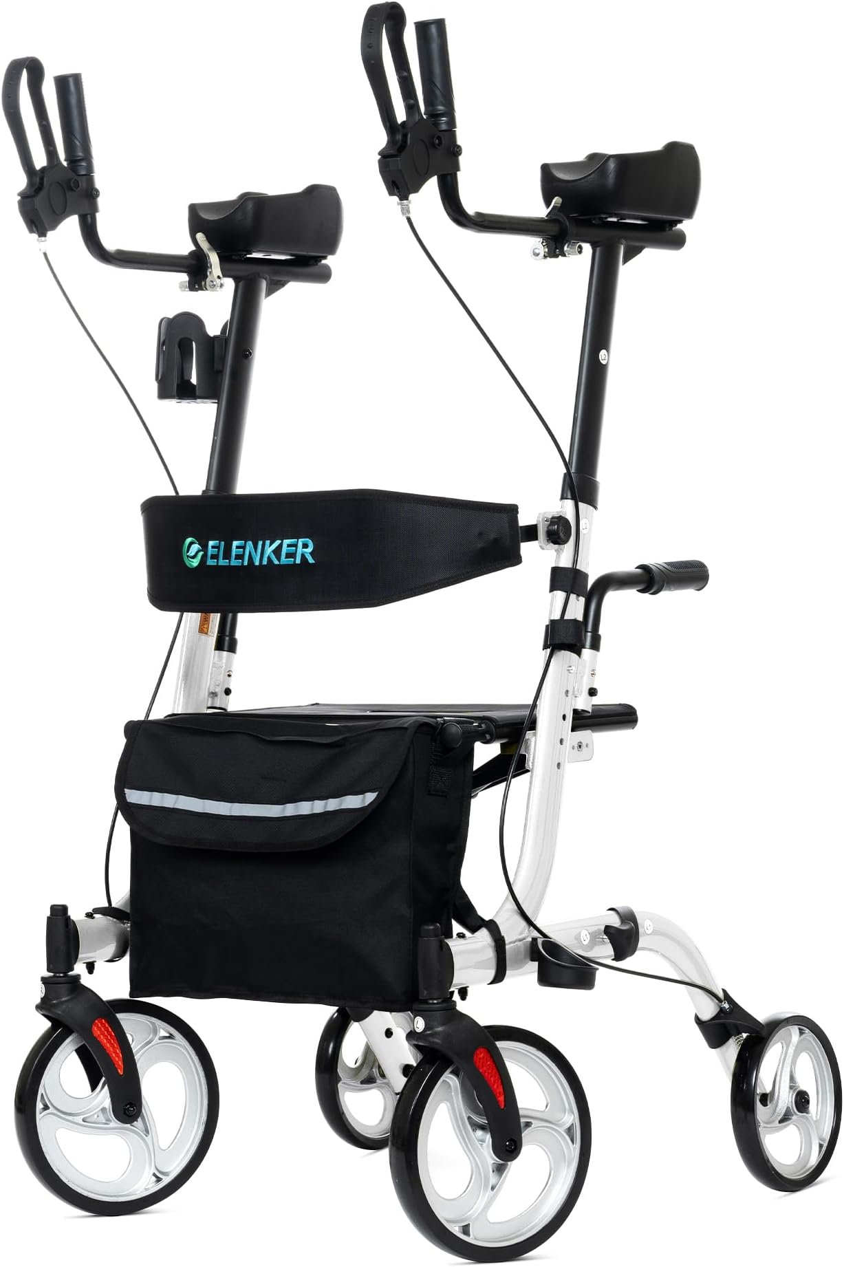 ELENKER Upright Walker, Stand Up Folding Rollator Walker Back Erect Rolling Mobility Walking Aid with Seat, Padded Armrests for Seniors and Adults, White