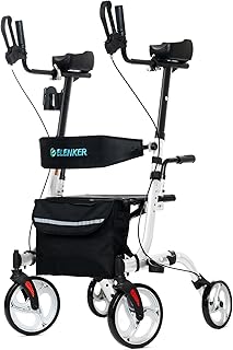 ELENKER Upright Walker, Stand Up Folding Rollator Walker Back Erect Rolling Mobility Walking Aid with Seat, Padded Armrests for Seniors and Adults, White